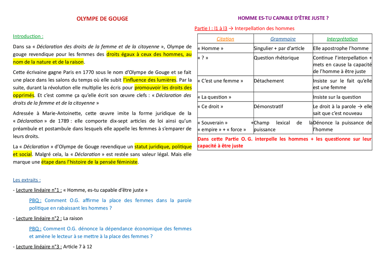Lecture linéaire texte d'olympe de gouges | Résumés Français | Docsity