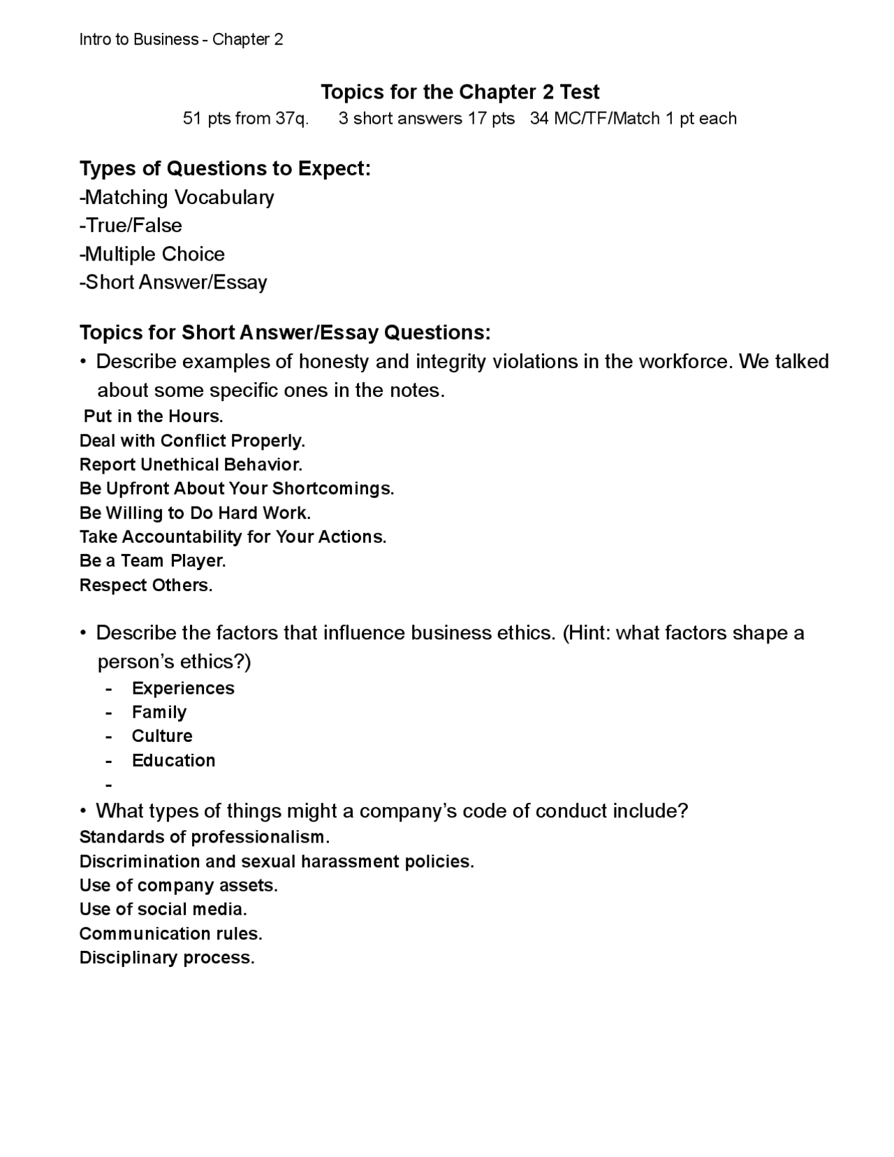 Intro To Business Chapter 2 Test Review Answer Key | Assignments ...