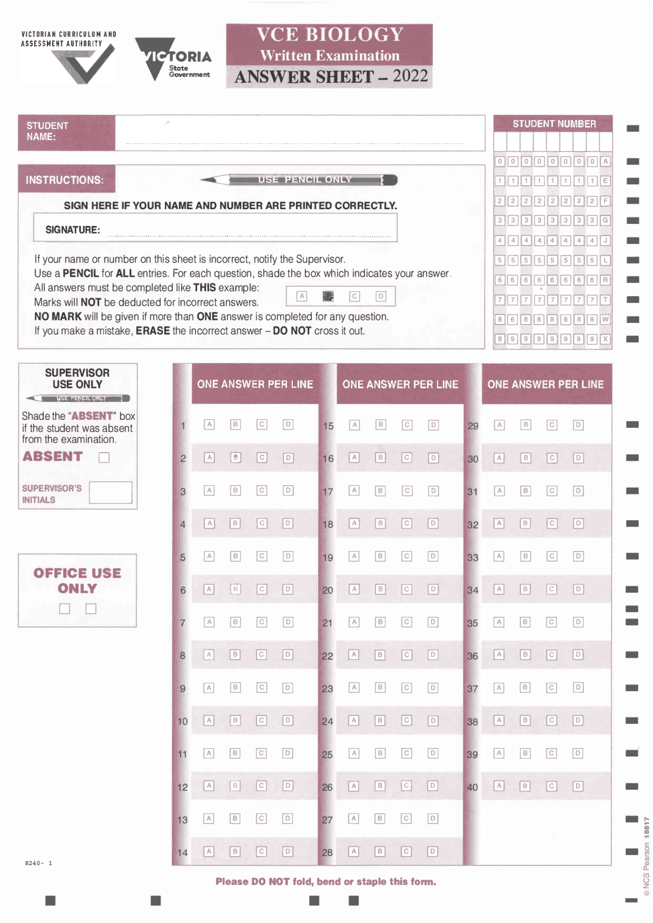 VCE BIOLOGY (Written Examination) ANSWER SHEET - 2022 | Quizzes Biology ...