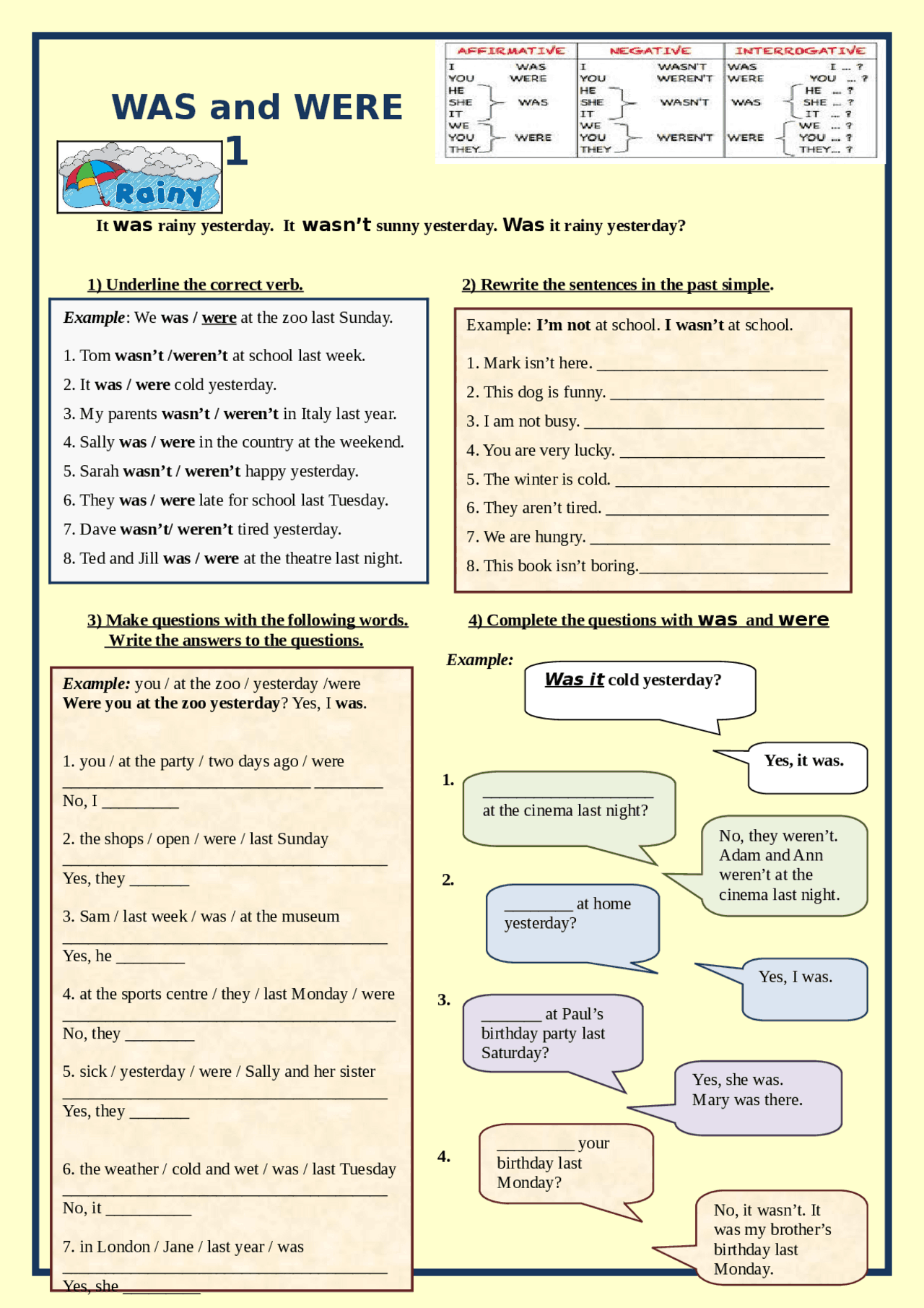 Ejercicios was were vocabulary english | Ejercicios de Inglés | Docsity