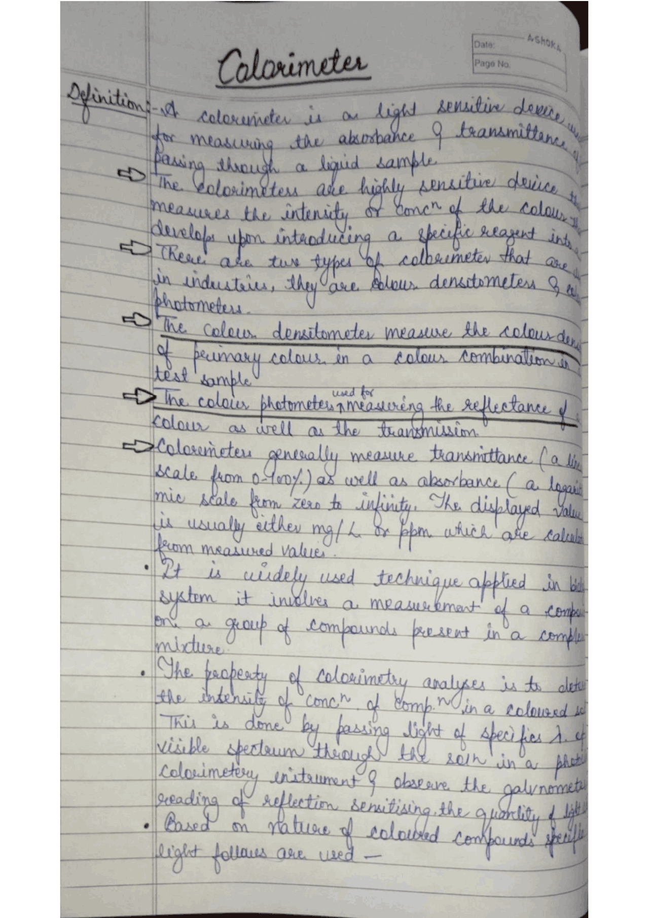 Handwritten notes on colorimeter Study notes Biophysics Docsity