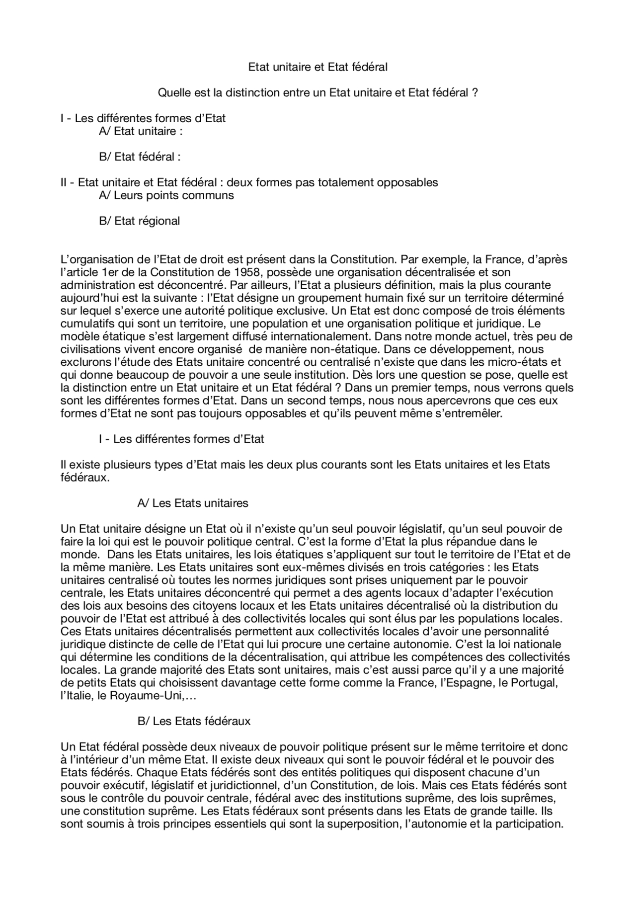 Dissertation Etat unitaire et Etat fédéral Exercices Droit