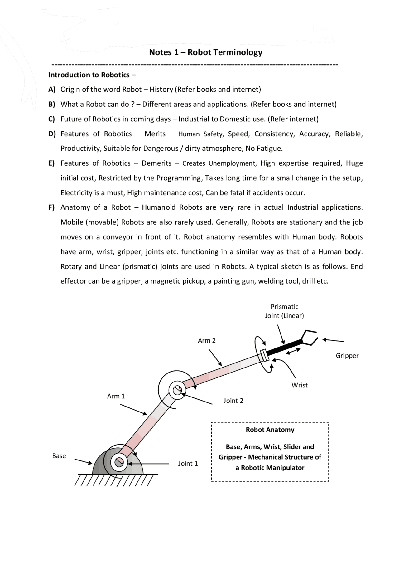 NOTES 1.1: Robot Terminology- Introduction to Robotics. | Study notes ...