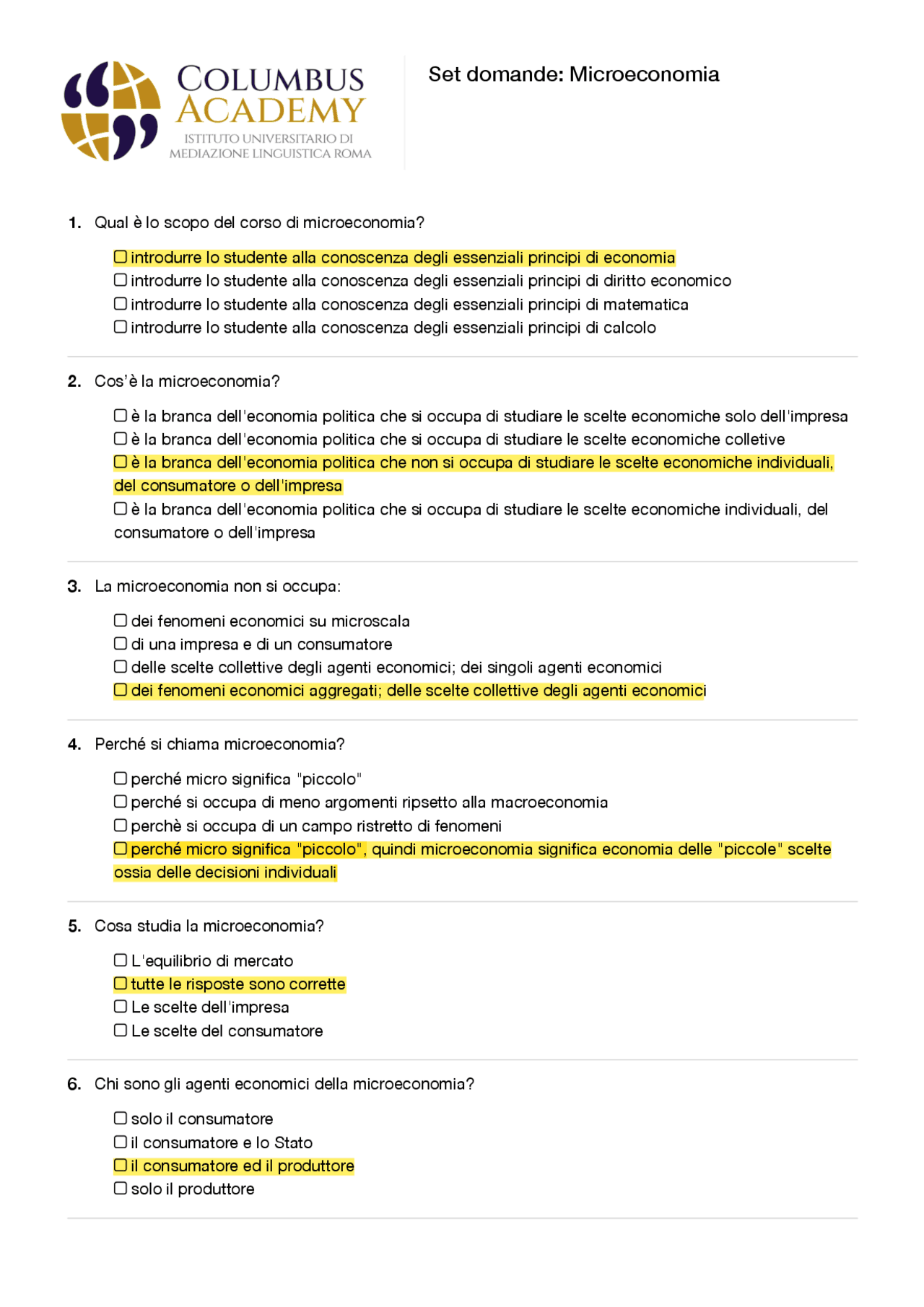 Paniere Microeconomia Columbus Academy (UNIECAMPUS) 100% completo e