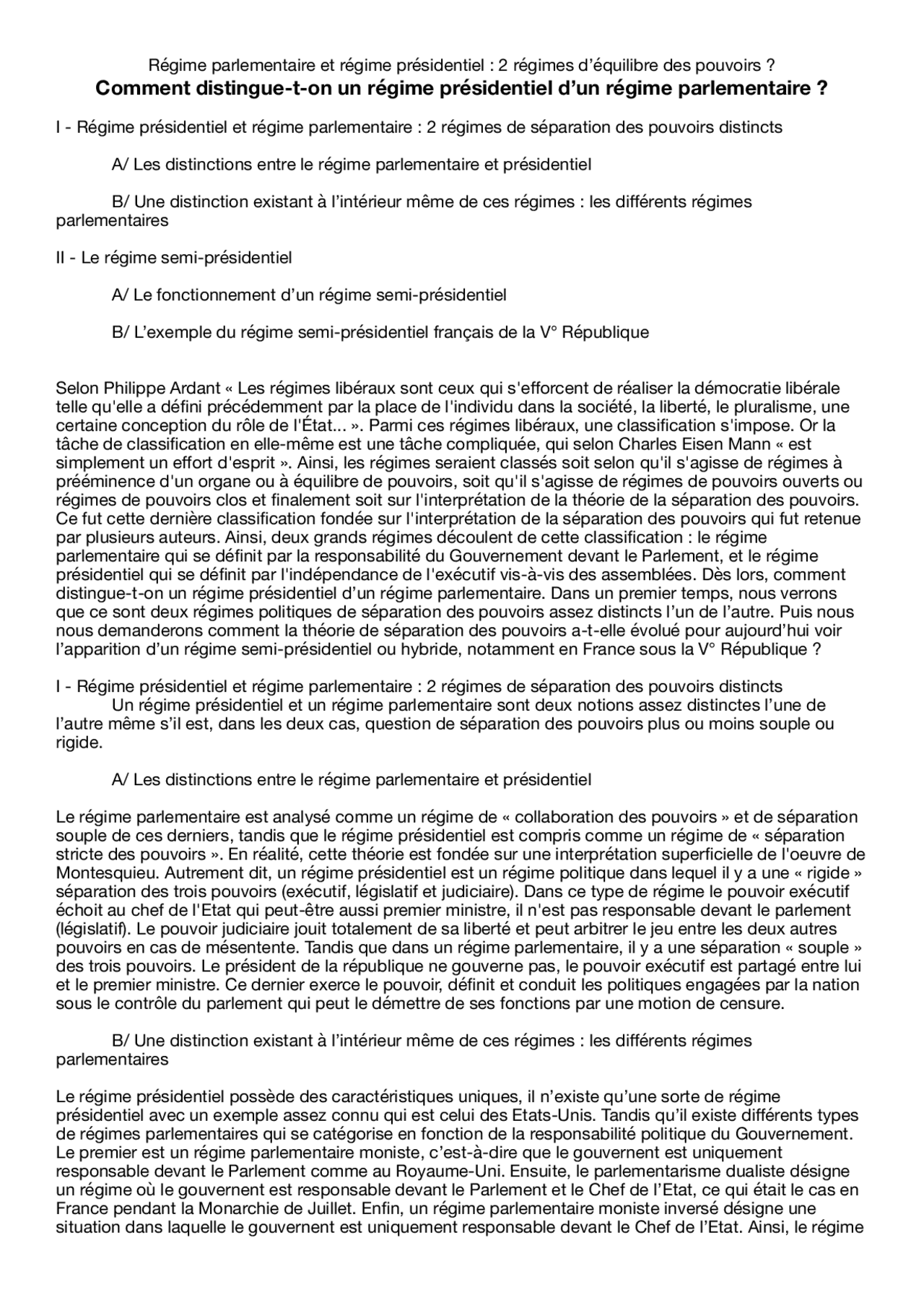 Régime Parlementaire Et Régime Présidentiel Dissertation Pdf