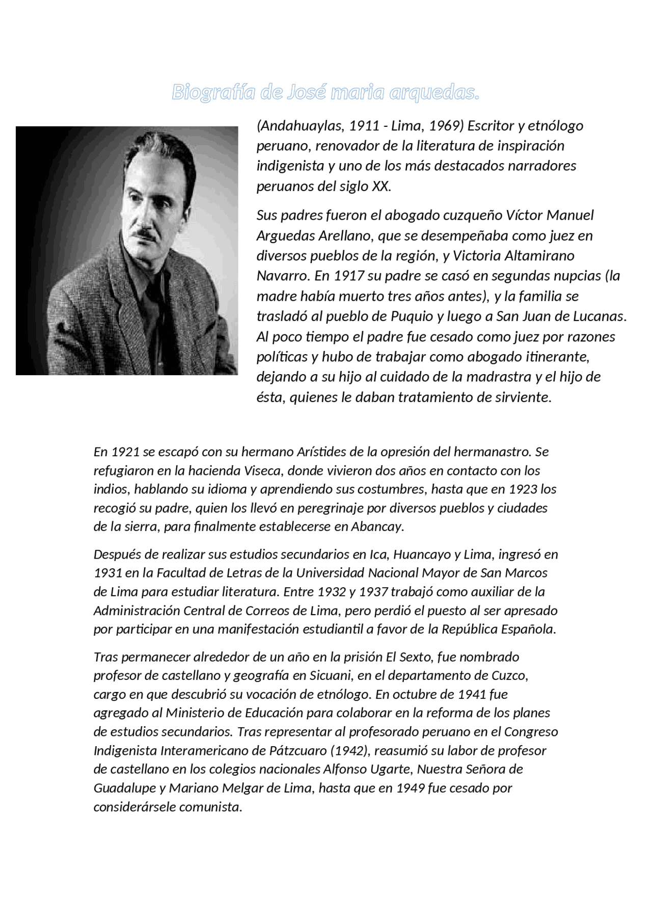 Biografia jose maria arguedas | Apuntes de Derecho Ambiental | Docsity