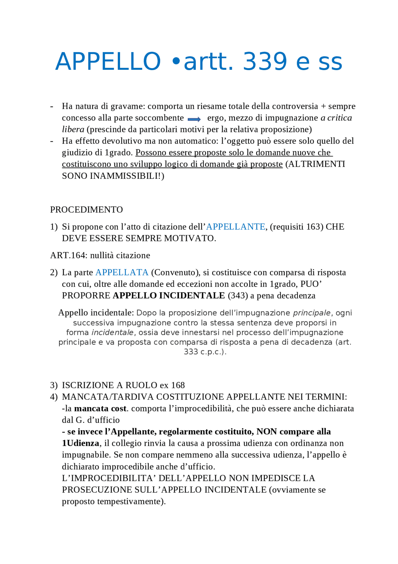 Mini schema Appello processuale civile Schemi e mappe concettuali