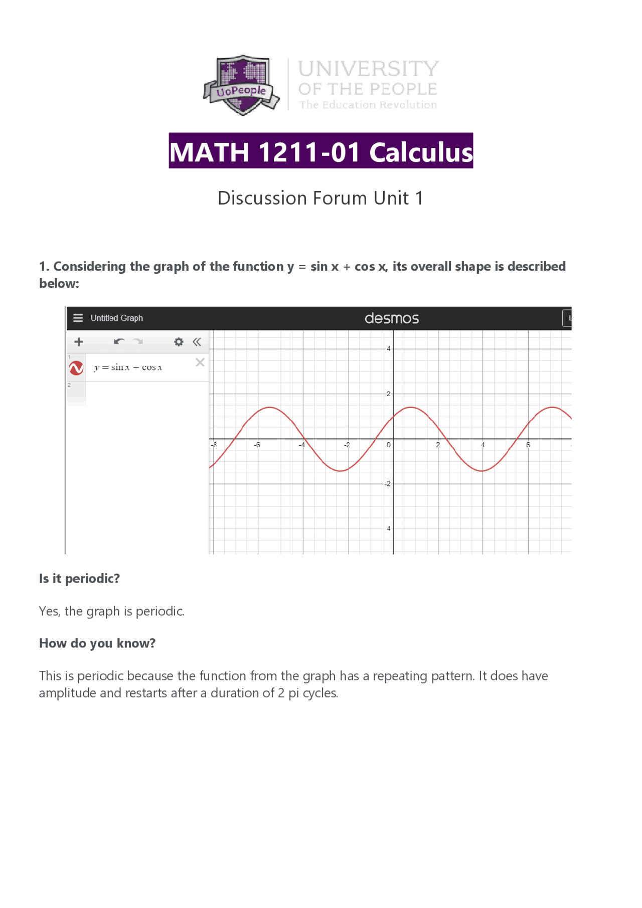 Math Forum MATH 1211 Calculus Discussion Forum Unit 1 | Assignments Calculus | Docsity