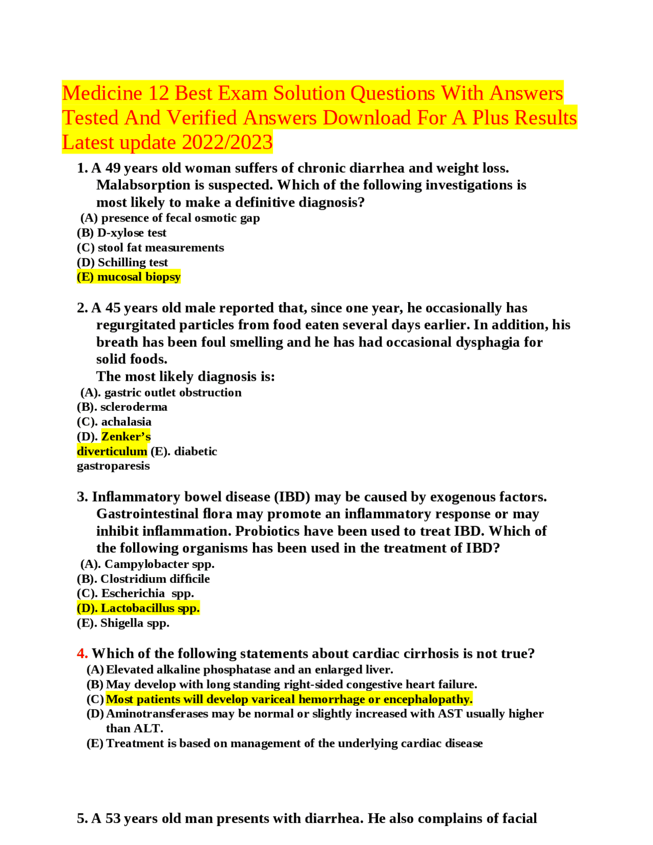 Medicine 12 Best Exam Solution Questions With Answers Tested And ...