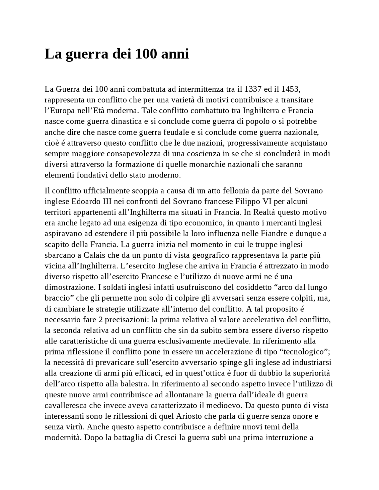 Riassunto Guerra dei 100 anni | Appunti di Storia Medievale | Docsity