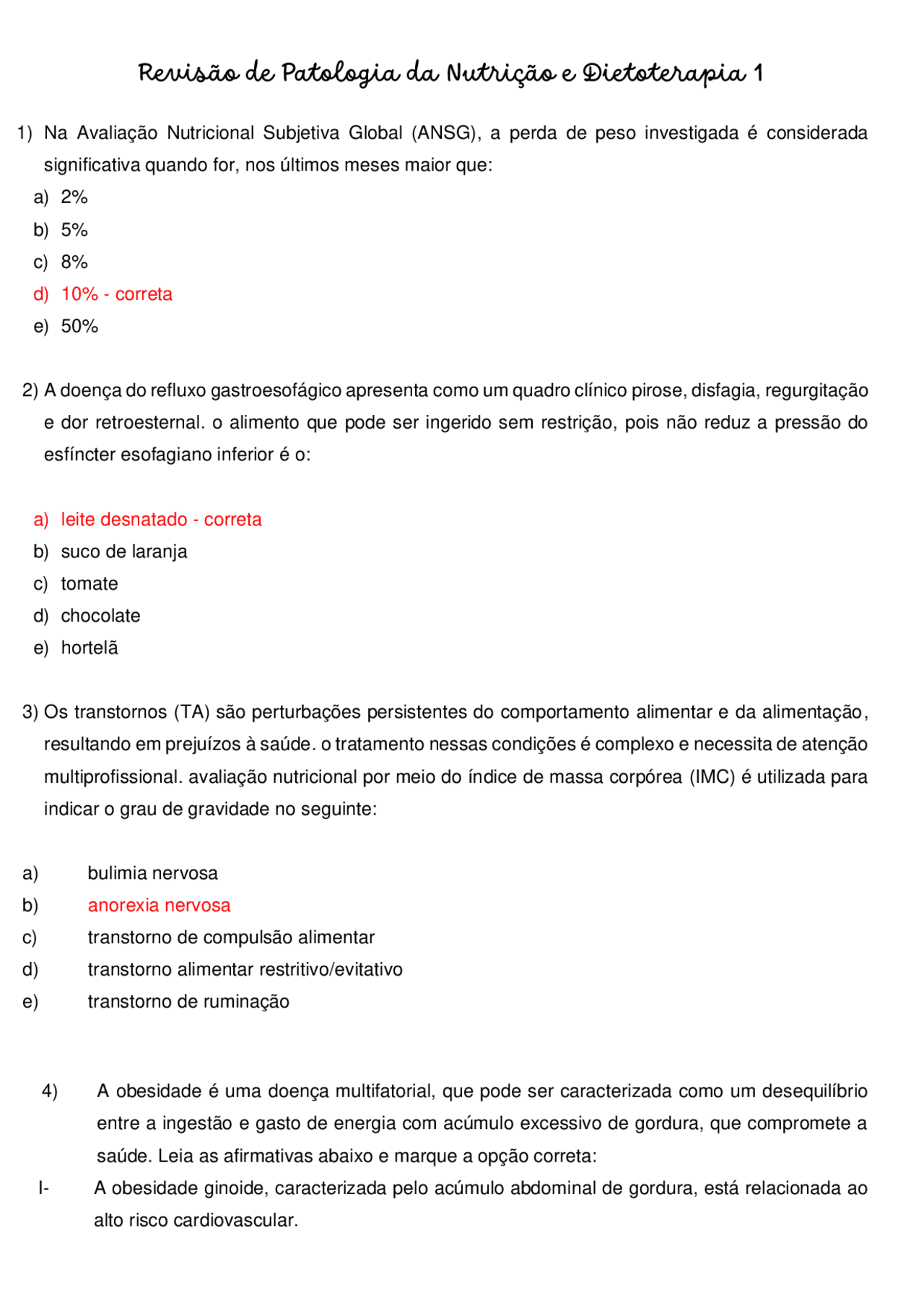 Quest es De Patologia Da Nutri o E Dietoterapia Exerc cios Patologia 
