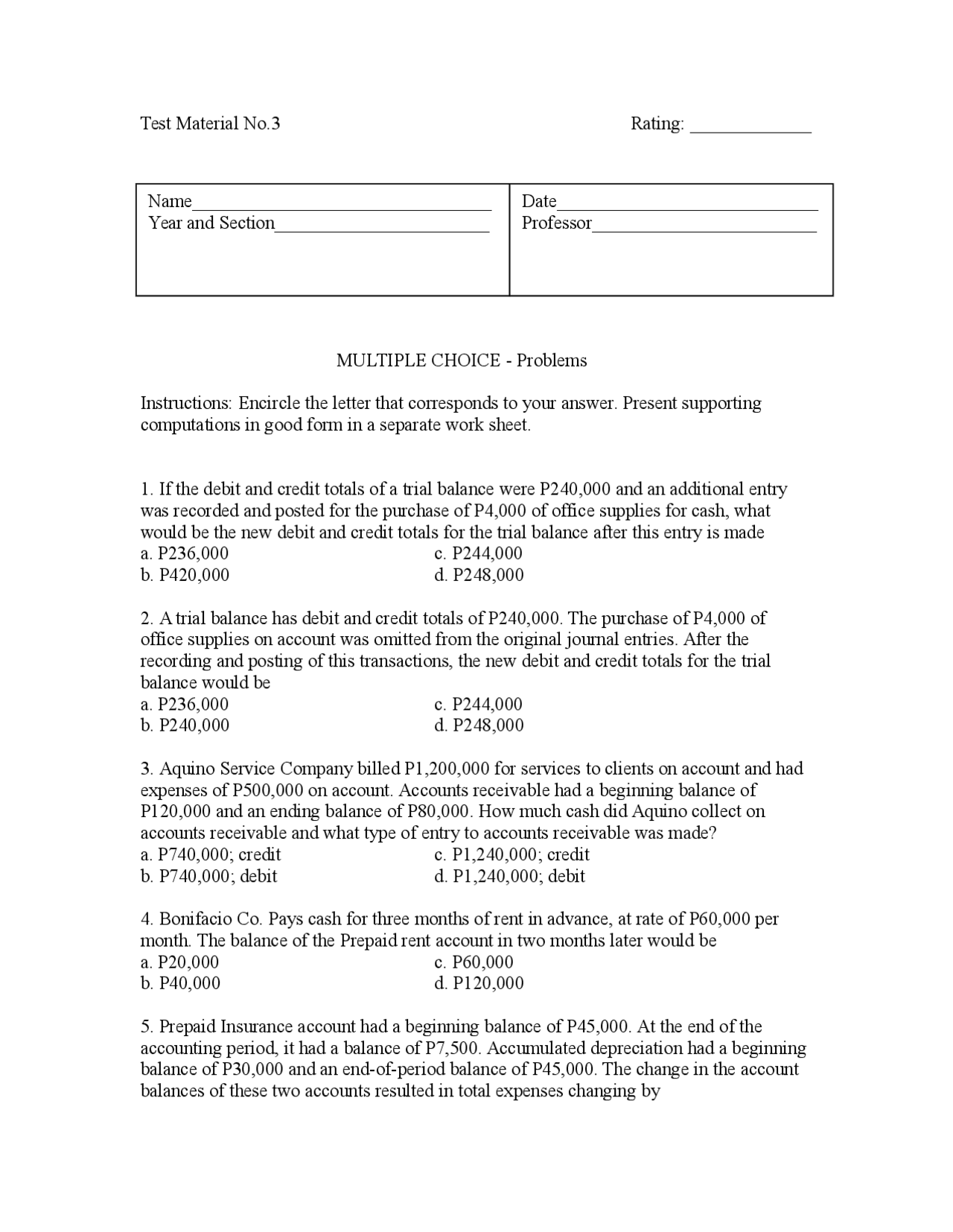 Accounting Vale test | Exercises Principles of Accounting | Docsity