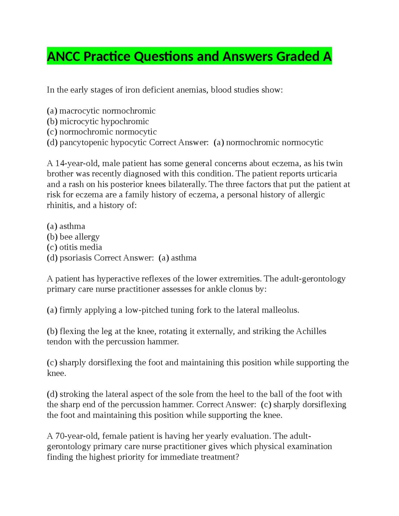 ANCC Practice Questions and Answers 2022/2023 Graded A Exams Nursing