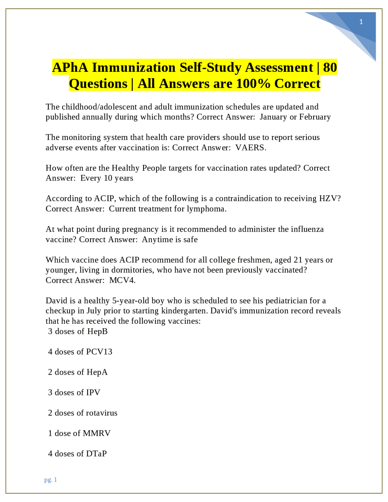 Apha Injection Technique Assessment APhA Immunization Self-Study Assessment | 80 Questions | All Answers ...