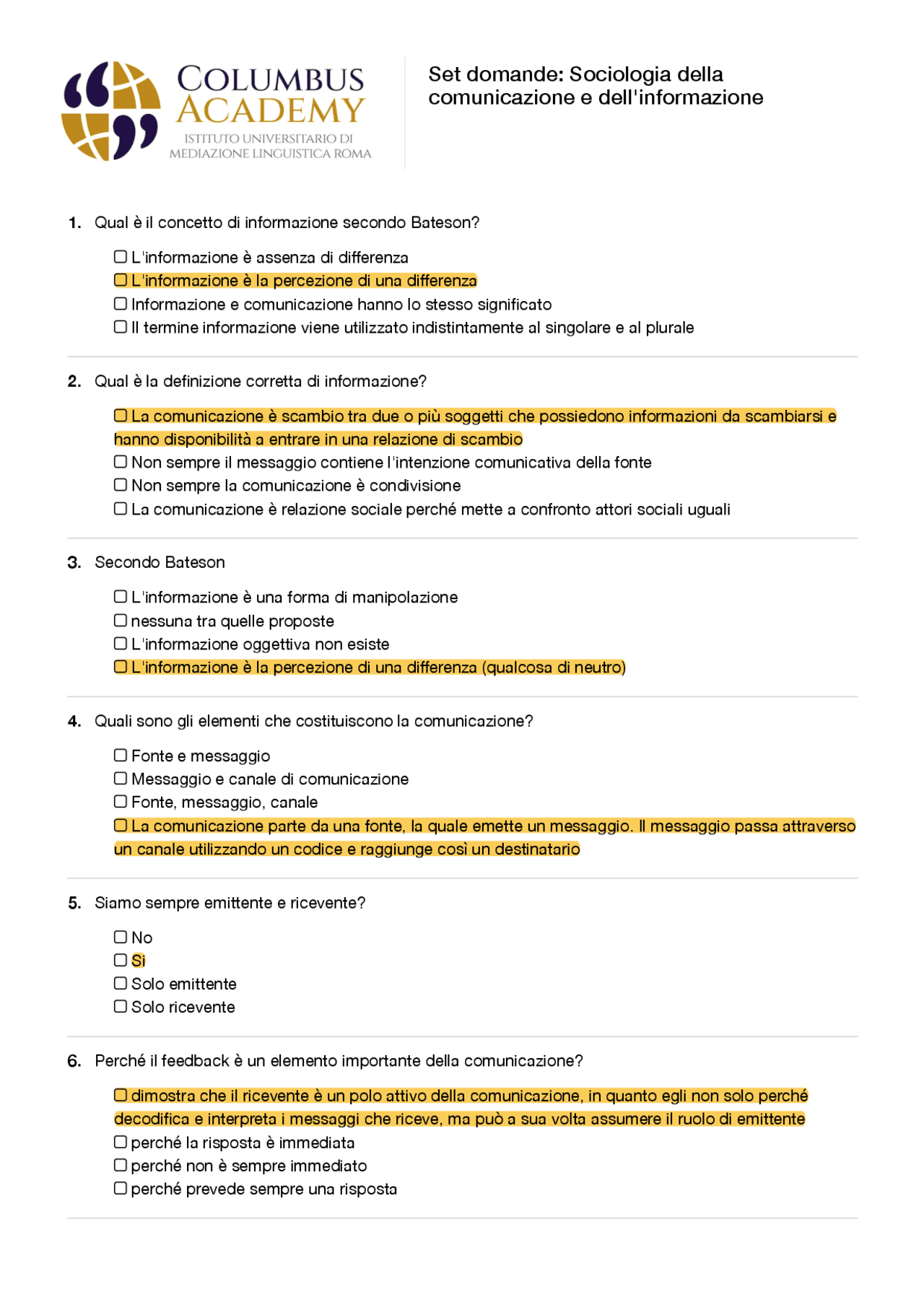 Paniere compilato Columbus Academy Sociologia della comunicazione e dell'informazione Panieri
