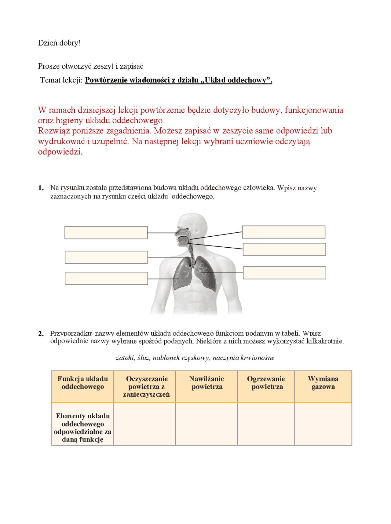 Układ oddechowy klasa 6 powtóżenie | Zadania Biologia | Docsity