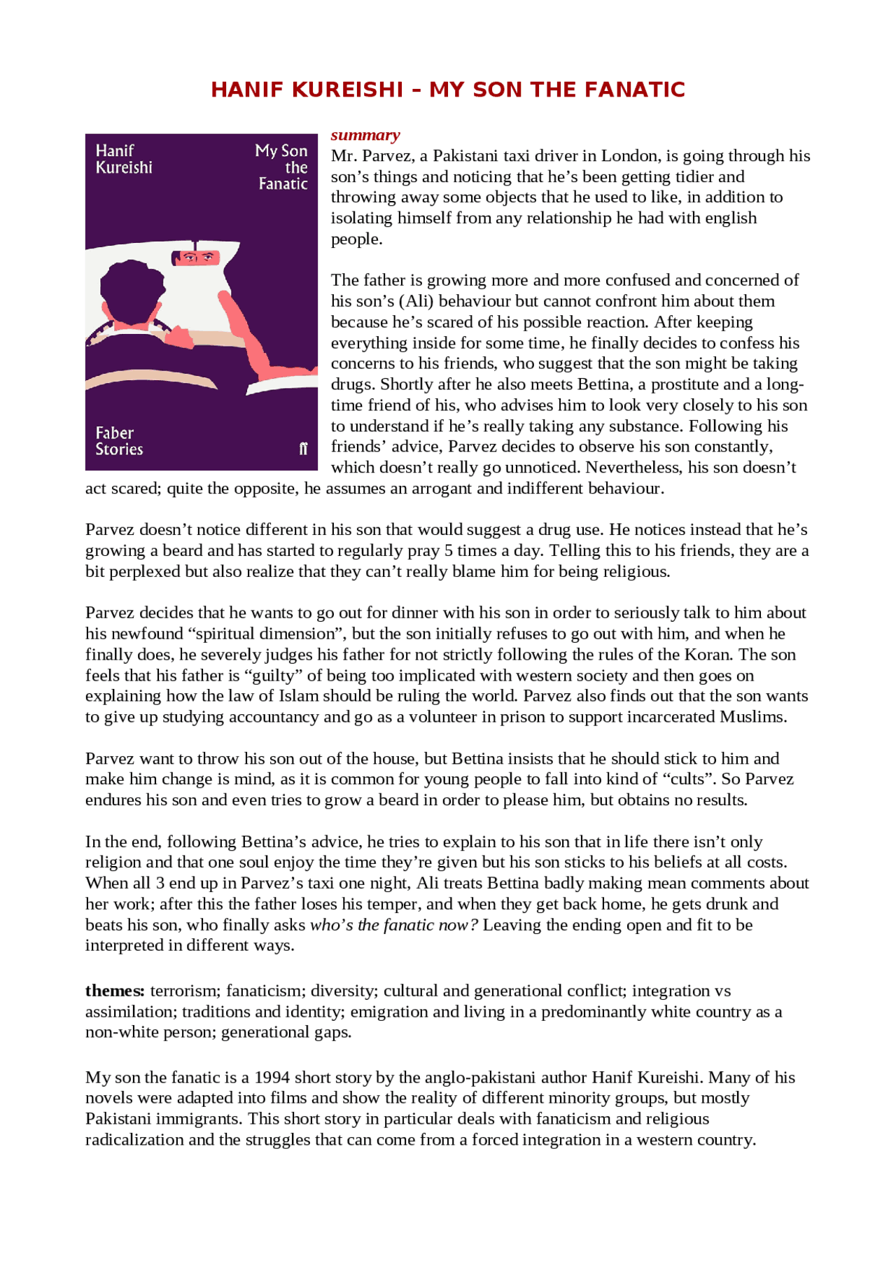 My Son The Fanatic Hanif Kureishi Summary My son the fanatic di Hanif Kureishi | Appunti di Inglese | Docsity