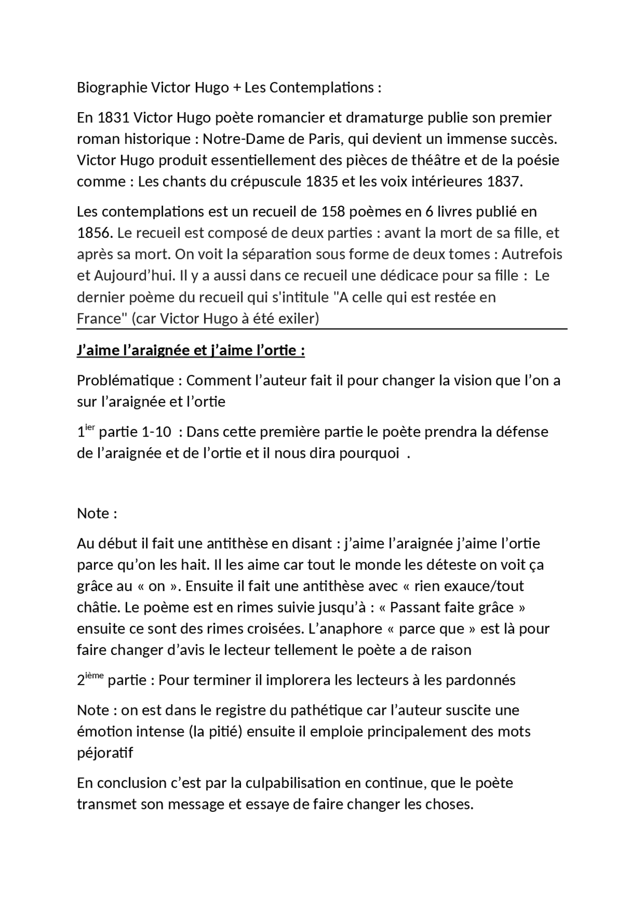 Biographie Victor Hugo + J’aime l’araignée et j’aime l’ortie Notes Français Docsity