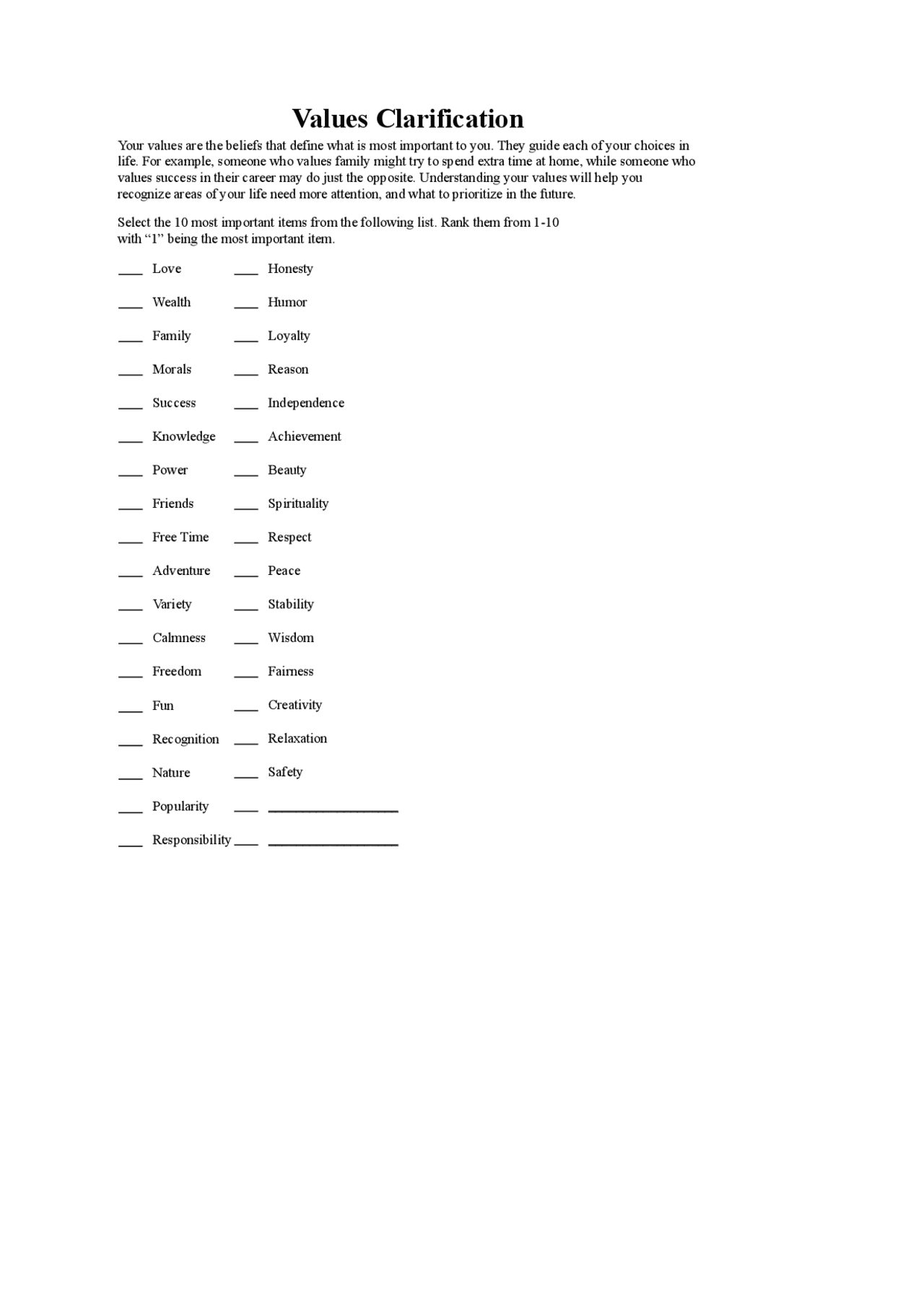 Identifying and Prioritizing Personal Values | Exercises Psychology ...