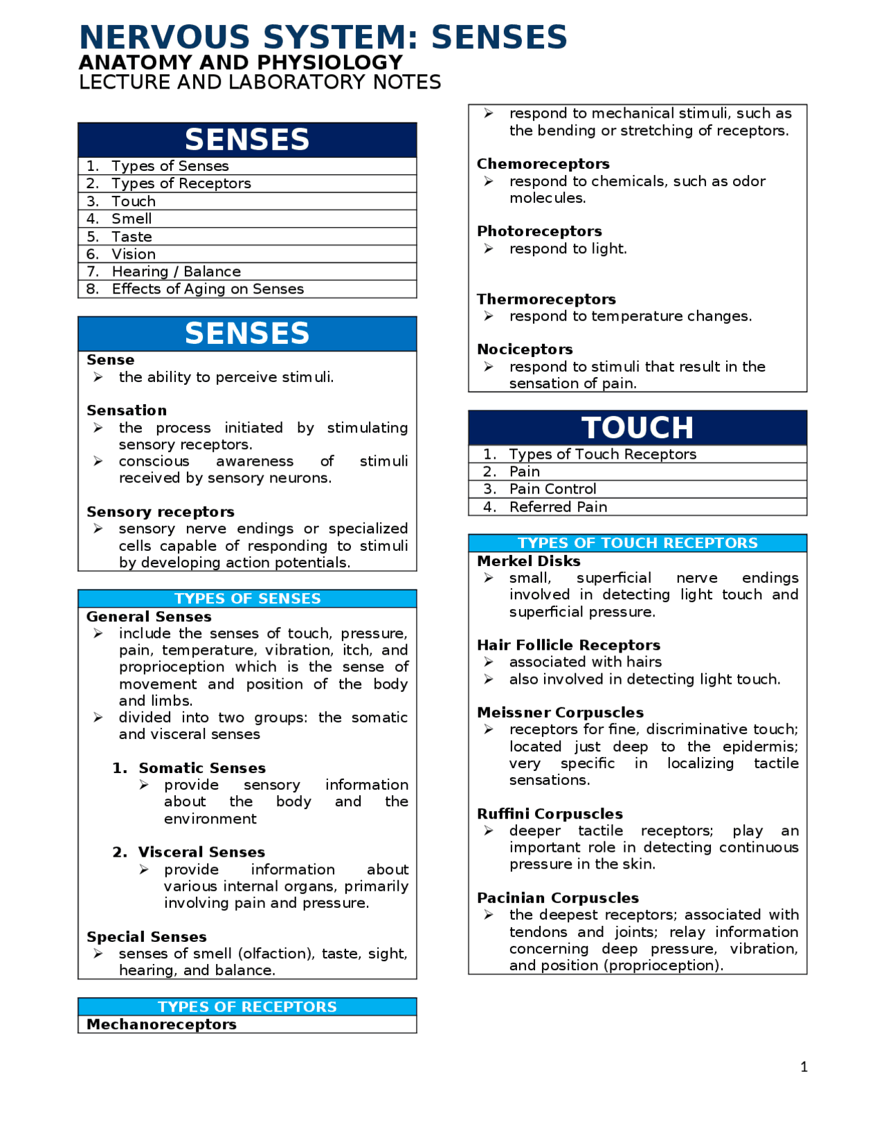 Sensory System Study Guide Nervous System: Senses | Study notes Anatomy | Docsity