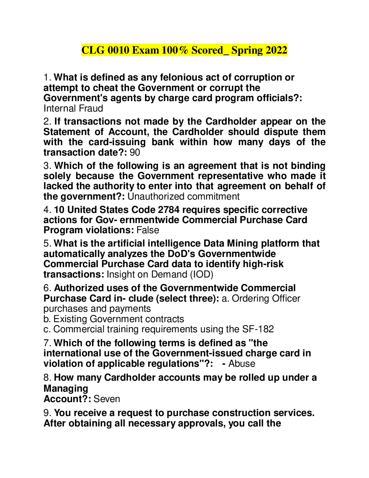 CLG 0010 Exam All Answers Correct_ Spring 2022 | Exams Nursing | Docsity