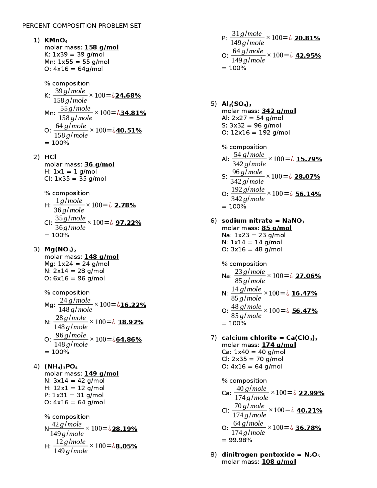 PERCENT COMPOSITION PROBLEM SET | Exercises Inorganic Chemistry | Docsity