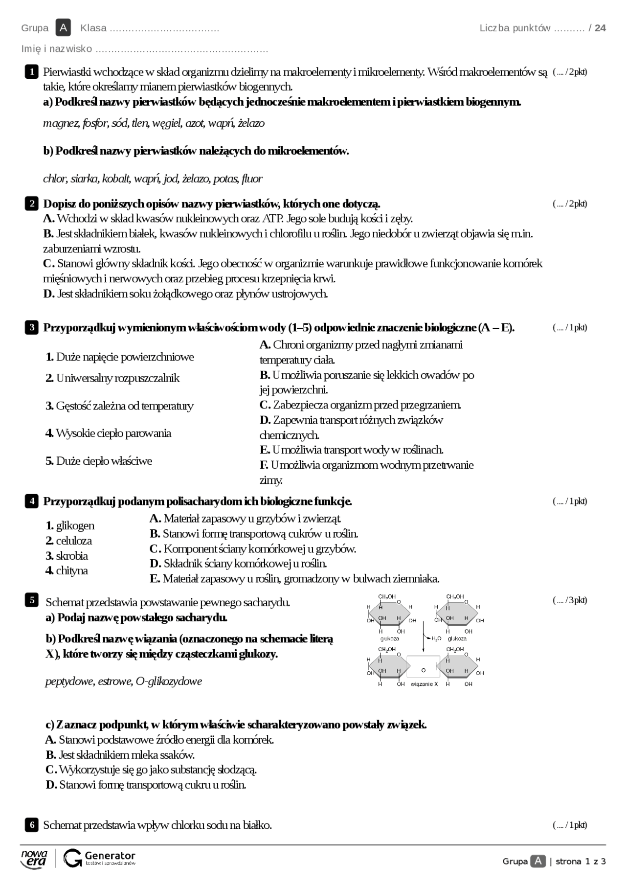 Chemiczne Podstawy Życia klasa 1 liceum/technikum gr. A i B | Testy