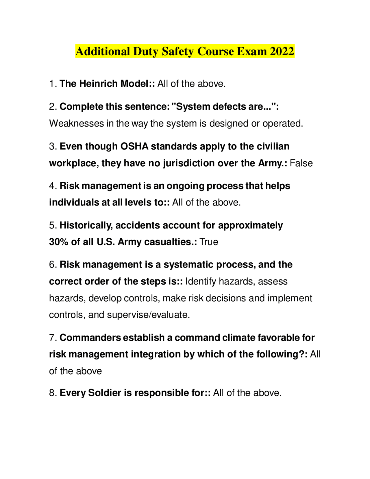 Additional Duty Safety Course Exam 2022 Study notes Nursing Docsity