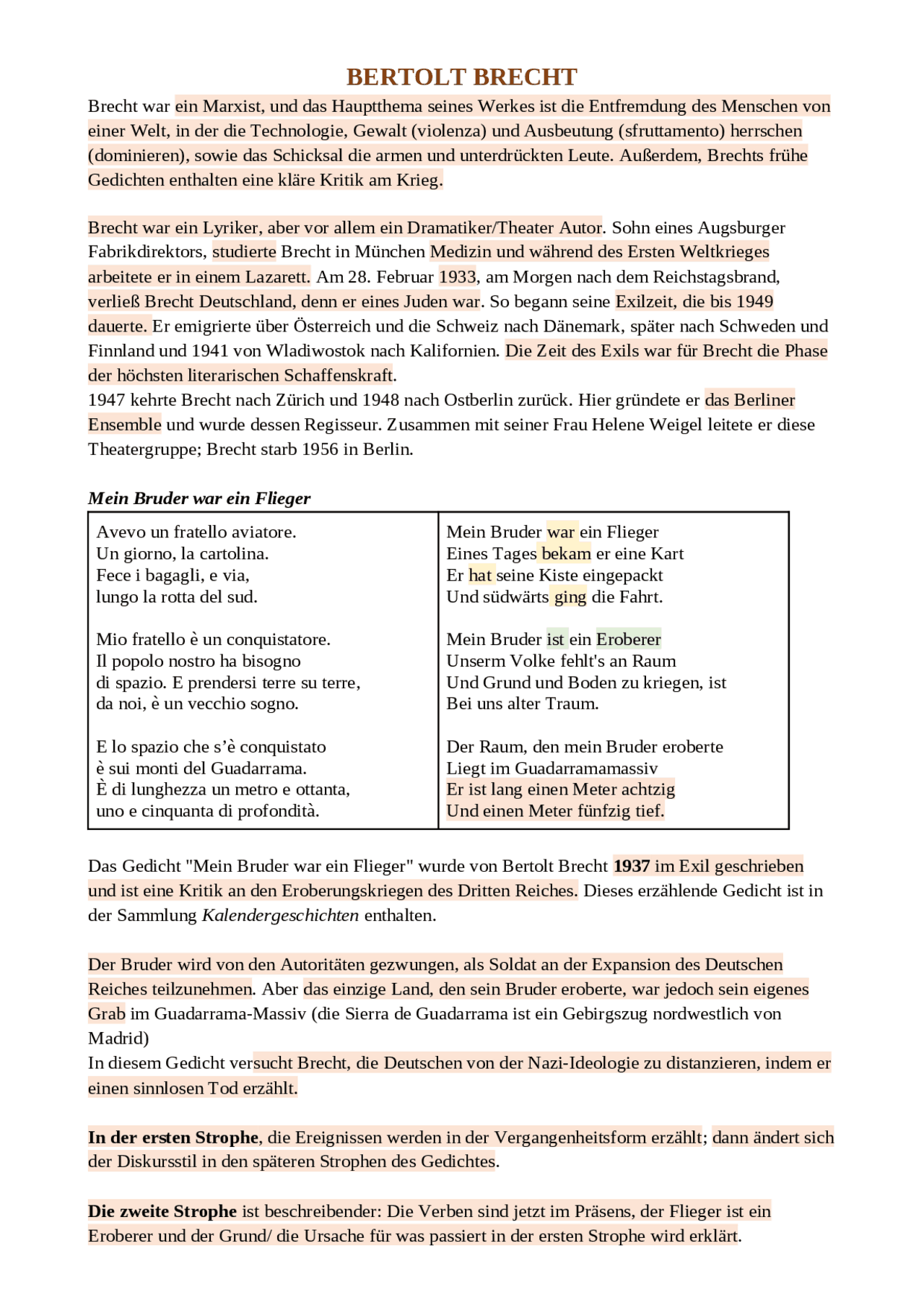 Bertold Brecht: Mein Bruder war ein Flieger | Appunti di Tedesco | Docsity