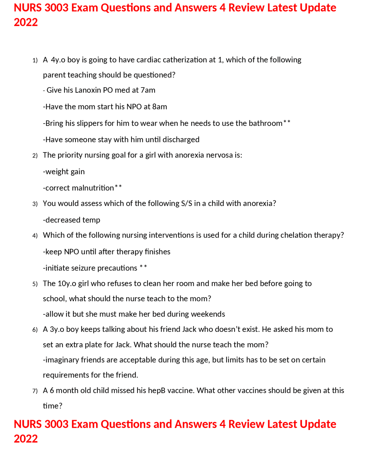 NURS 3003 Exam Questions and Answers 4 Review Latest Update 2022 Exams Nursing Docsity