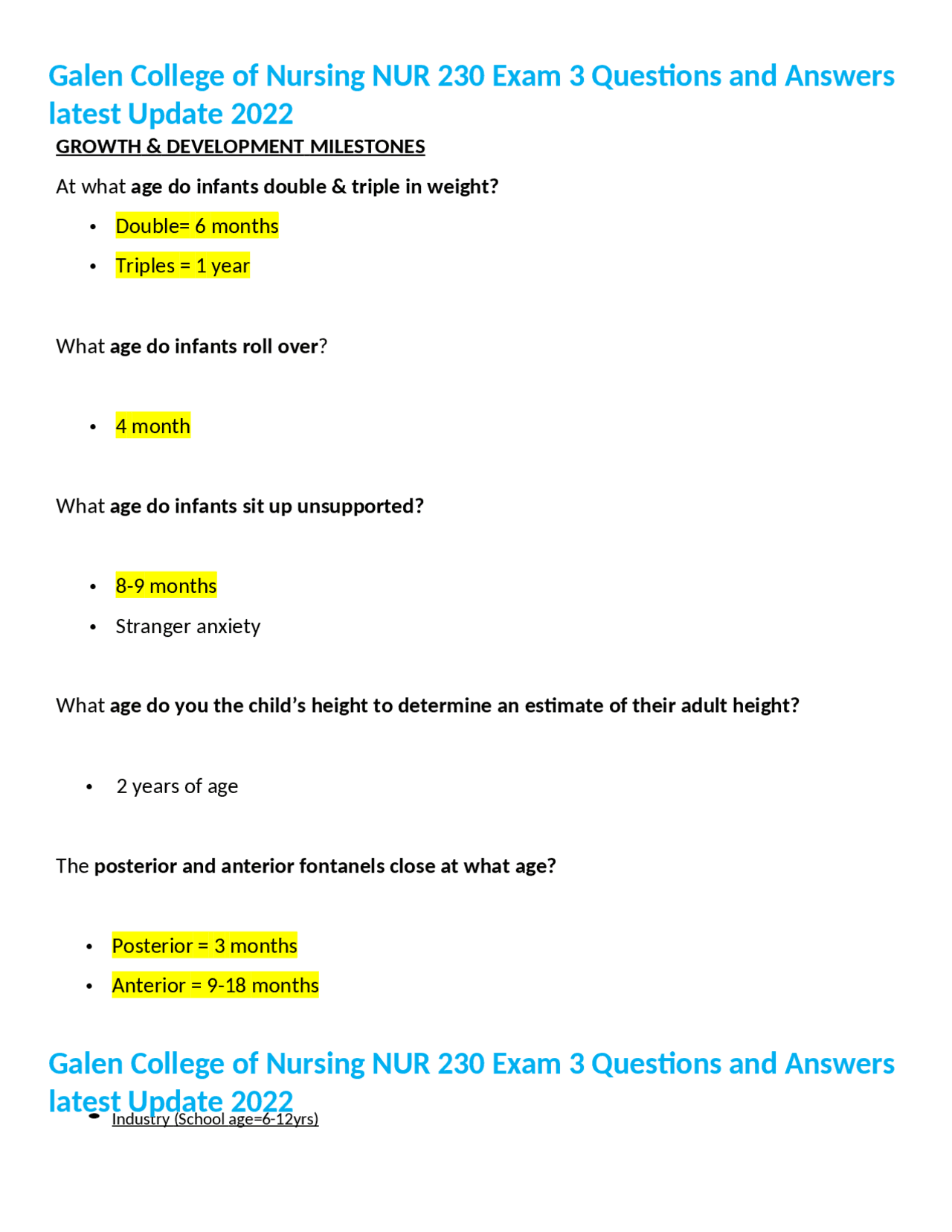 Galen College of Nursing NUR 230 Exam 3 Questions and Answers latest ...