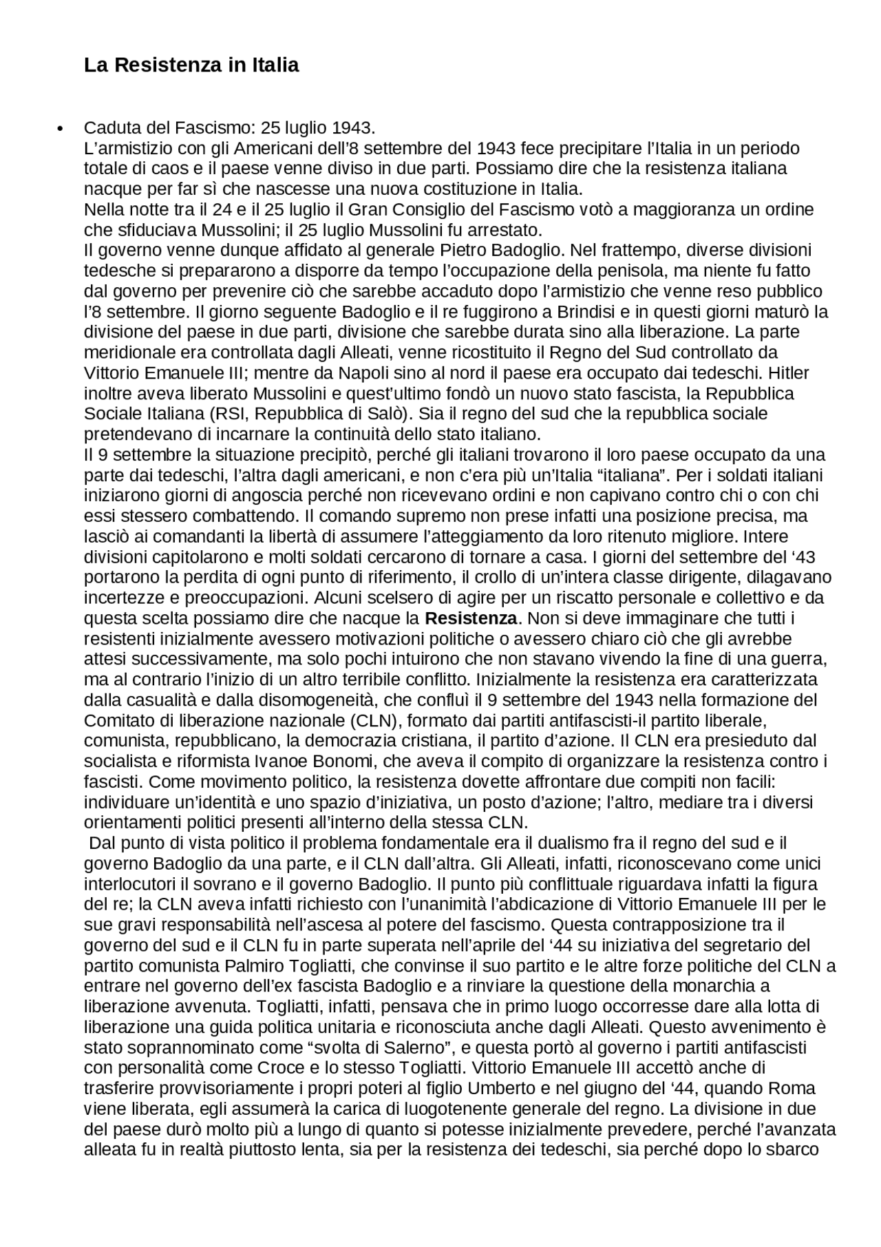 La resistenza in Italia | Appunti di Storia | Docsity