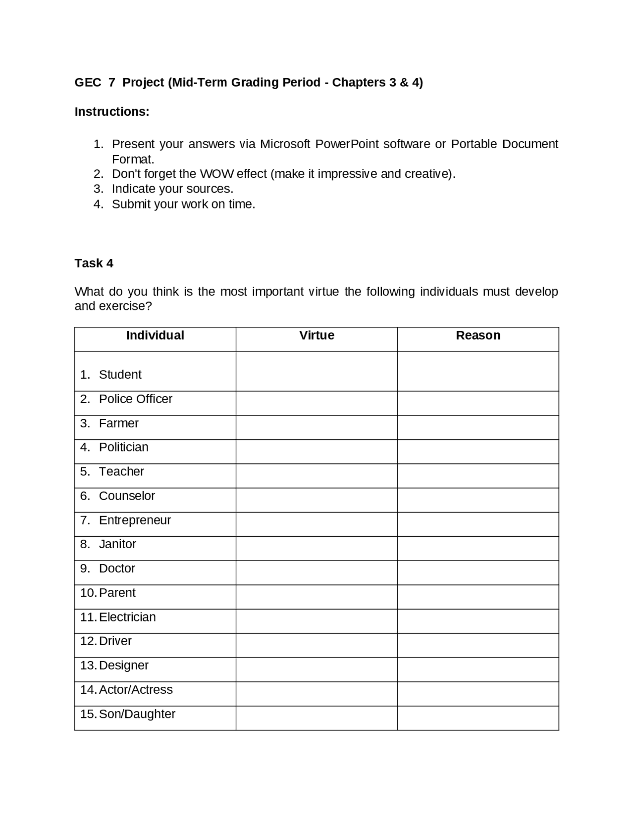 ETHICS EXERCISE FOR COLLEGE STUDENTS | Exercises Ethics | Docsity