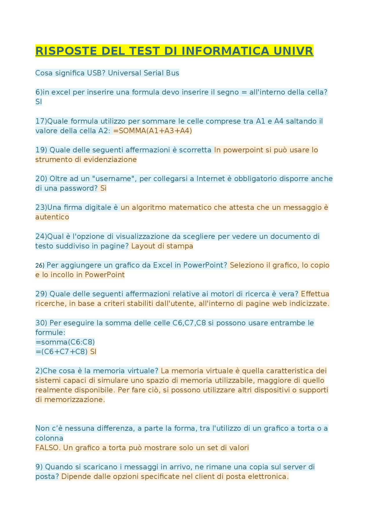 RISPOSTE TEST INFORMATICA 3CFU LLS | Sbobinature di Elementi di ...