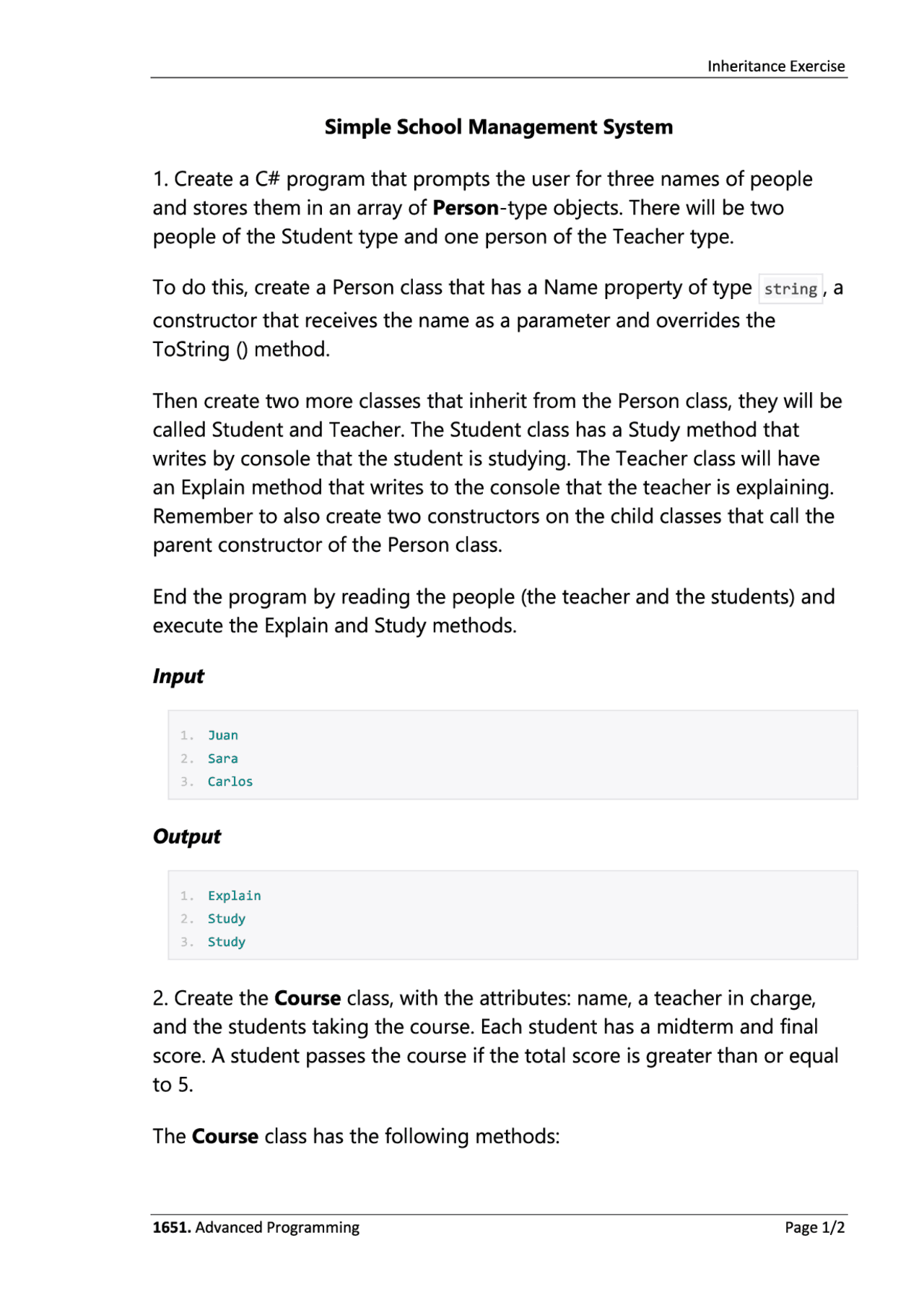 Bài tập môn Object Oriented Programming 1651 | Exercises Object ...