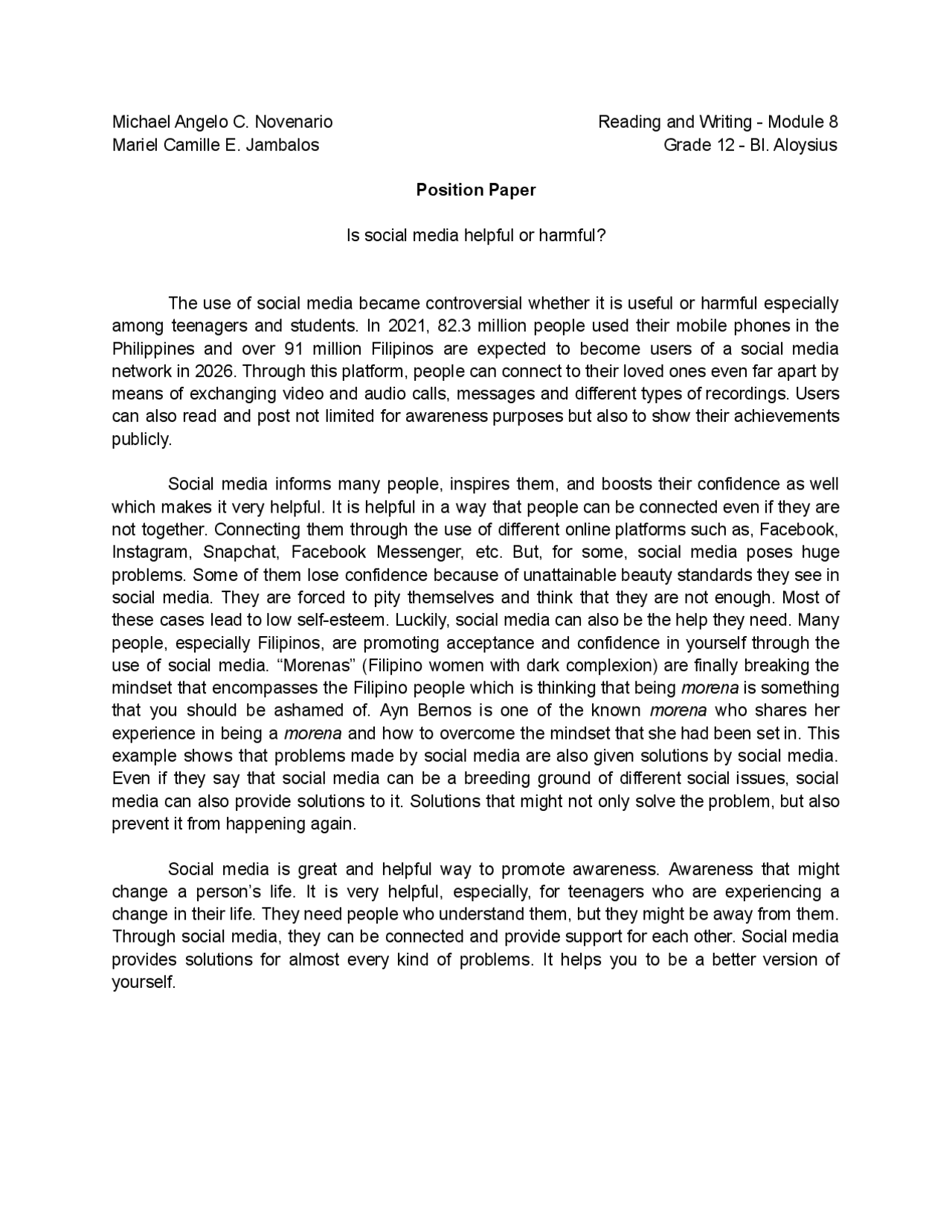 Position paper social media | Essays (high school) English | Docsity