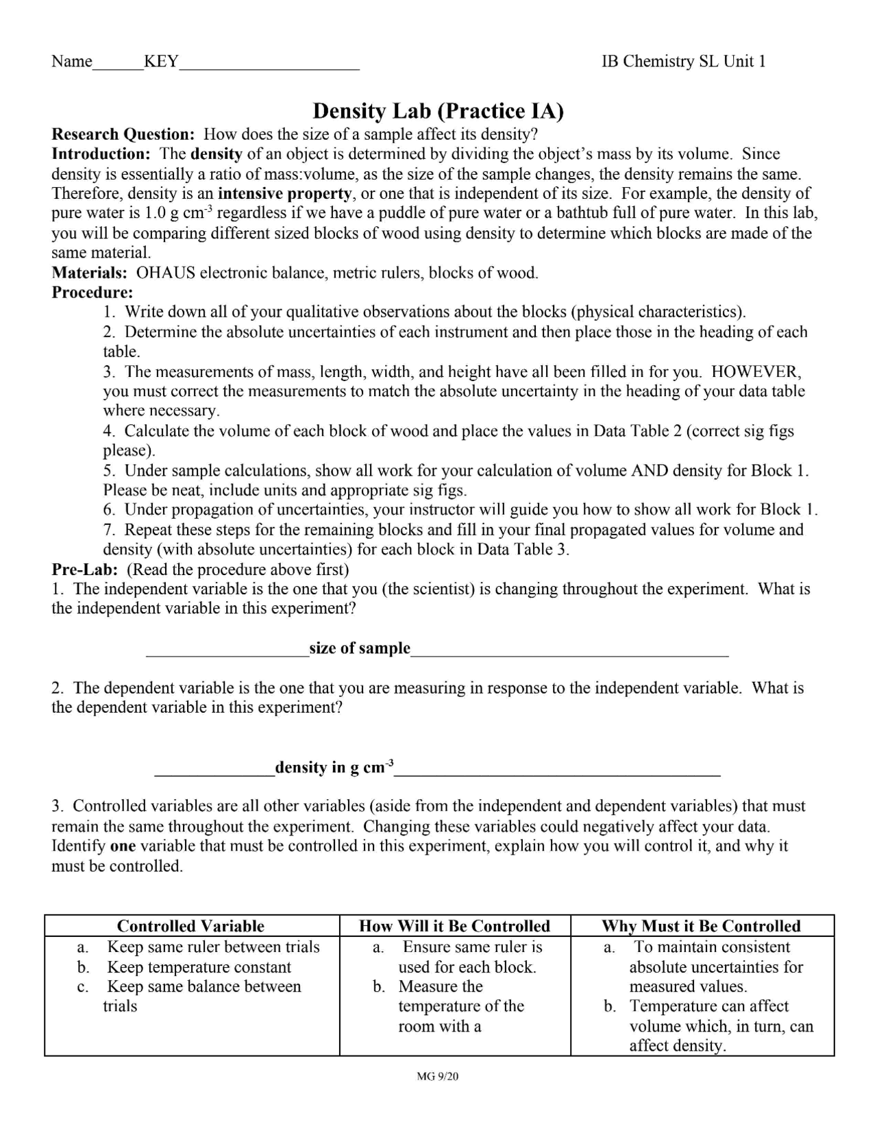 Practice IA Density Lab | Cheat Sheet Chemistry | Docsity