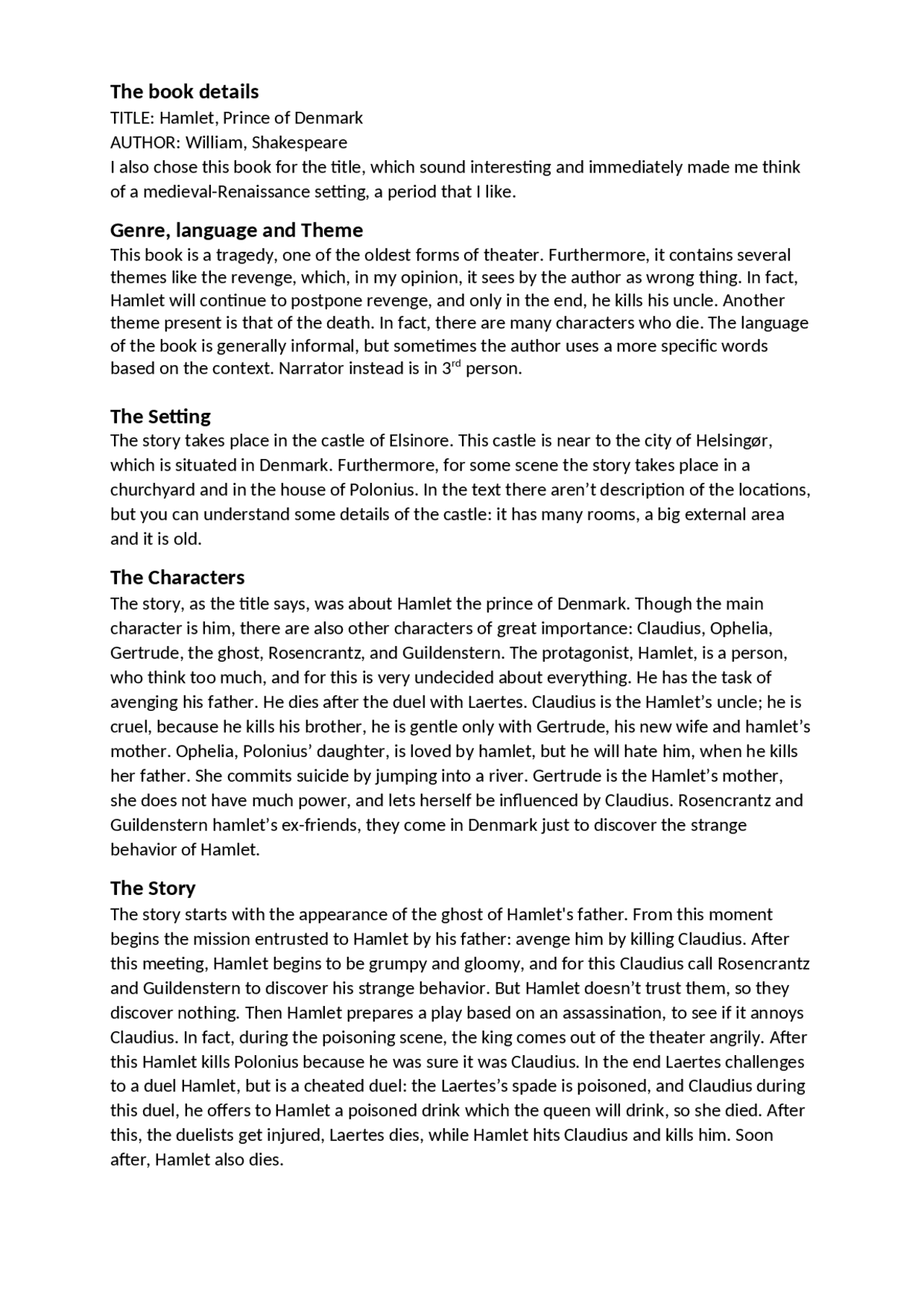 Scheda libro Hamlet (inglese) Schemi e mappe concettuali di Inglese