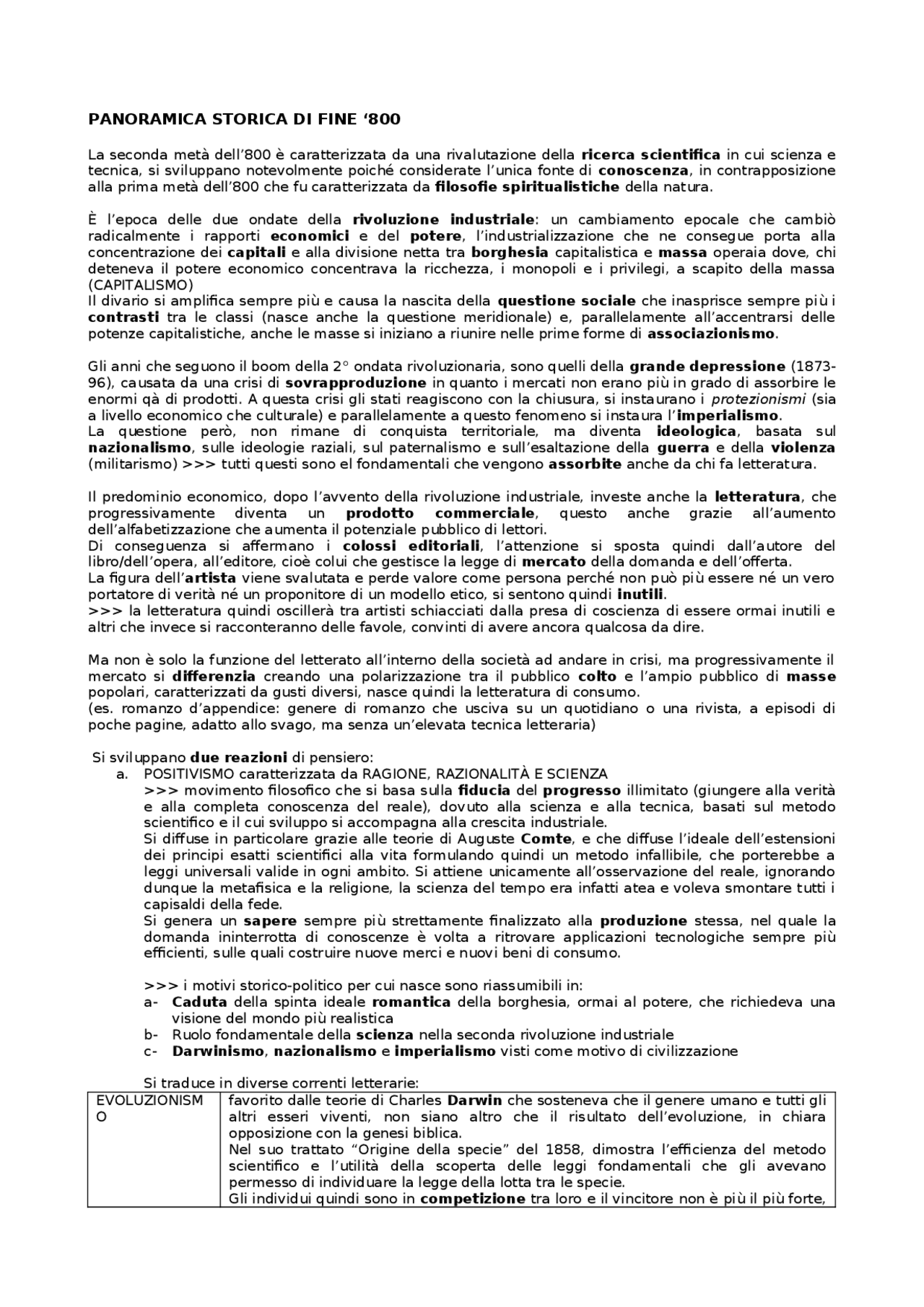 LETTERATURA PANORAMICA STORICA DI FINE '800