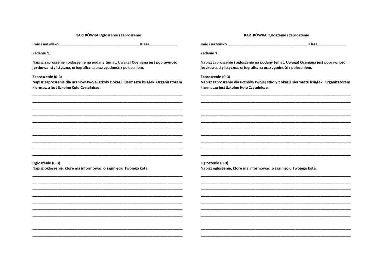 Kartkówka ogłoszenie i zaproszenie | Testy Język polski | Docsity