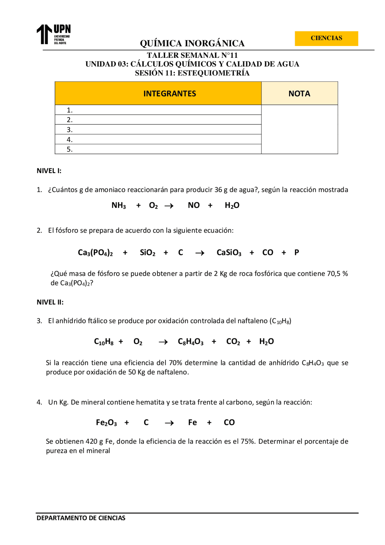 TALLER DE LA CLASE 6 | Ejercicios de Química Inorgánica | Docsity