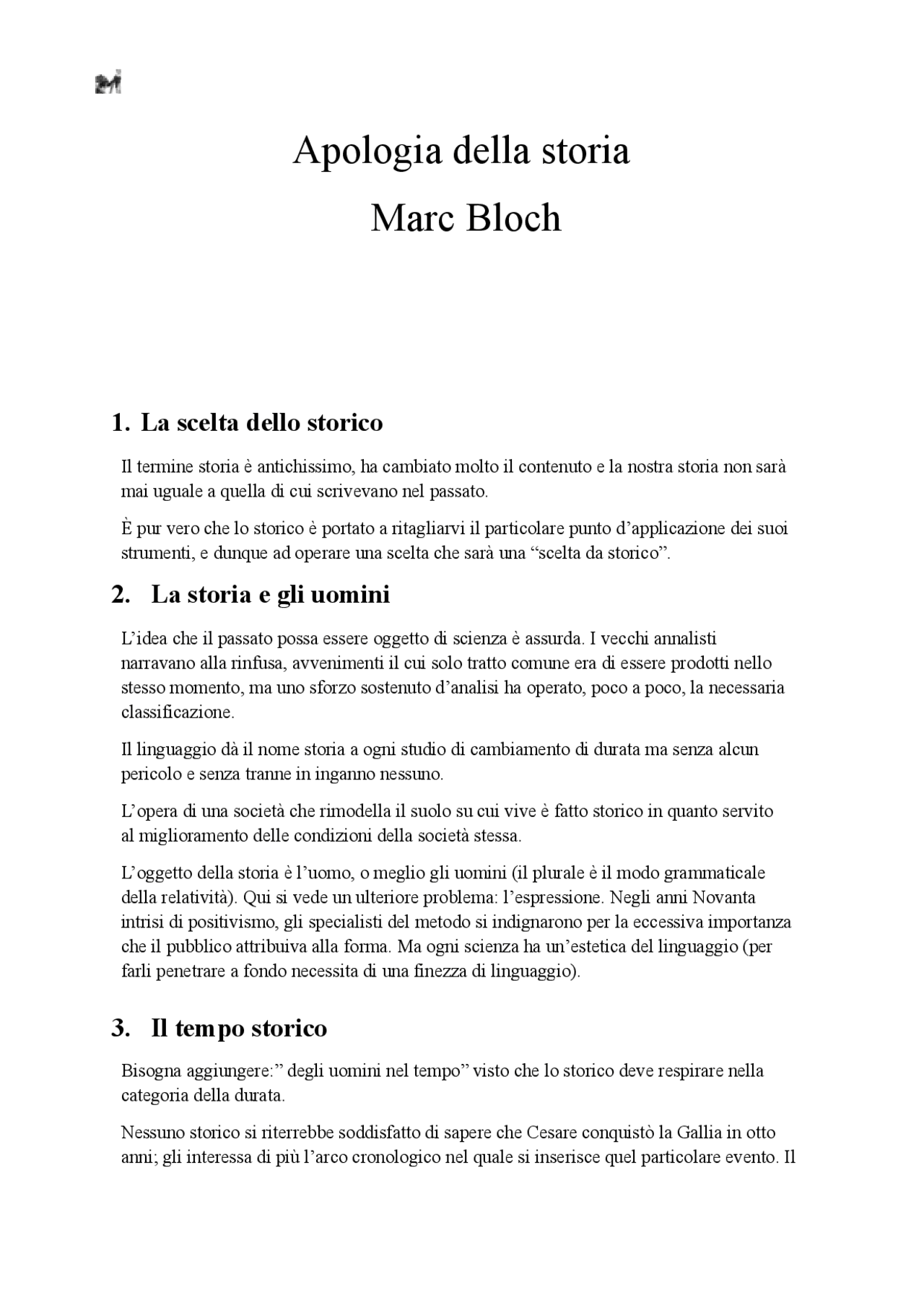 Apologia della storia Marc Bloch Sintesi del corso di Storia Docsity