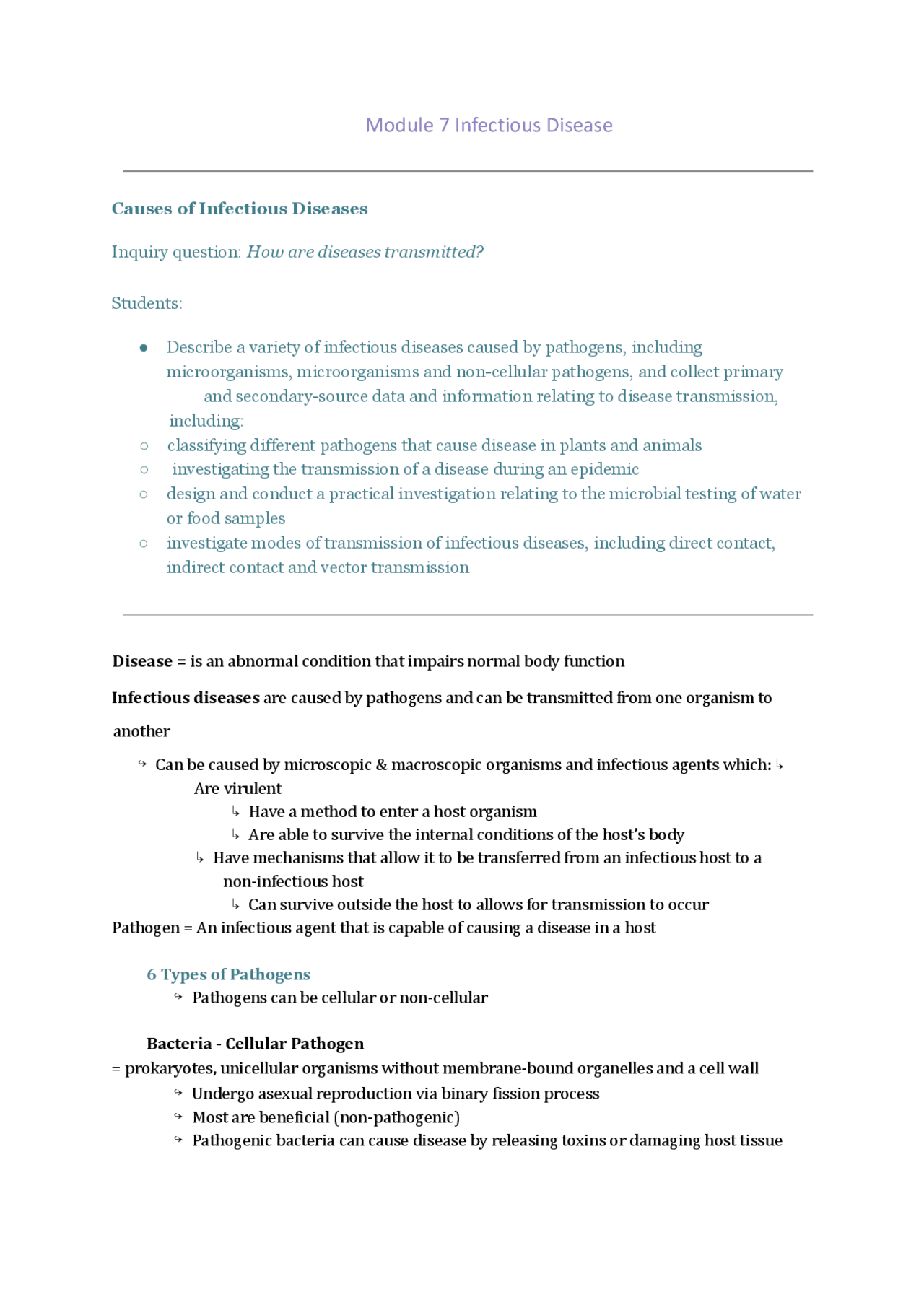 Infectious diseases module 7 | Study notes Biology | Docsity