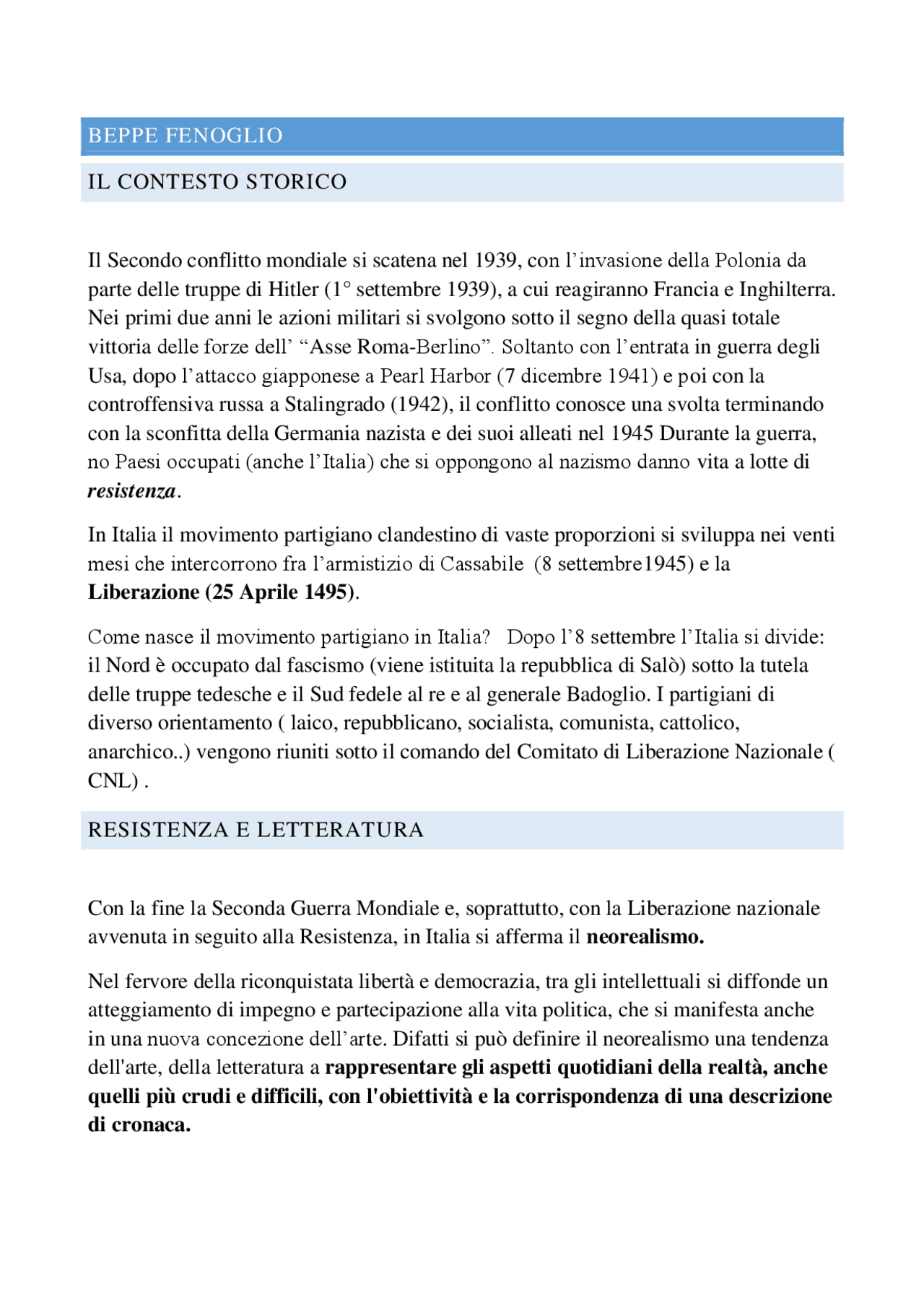 Riassunto Beppe Fenoglio Schemi e mappe concettuali di Italiano Docsity