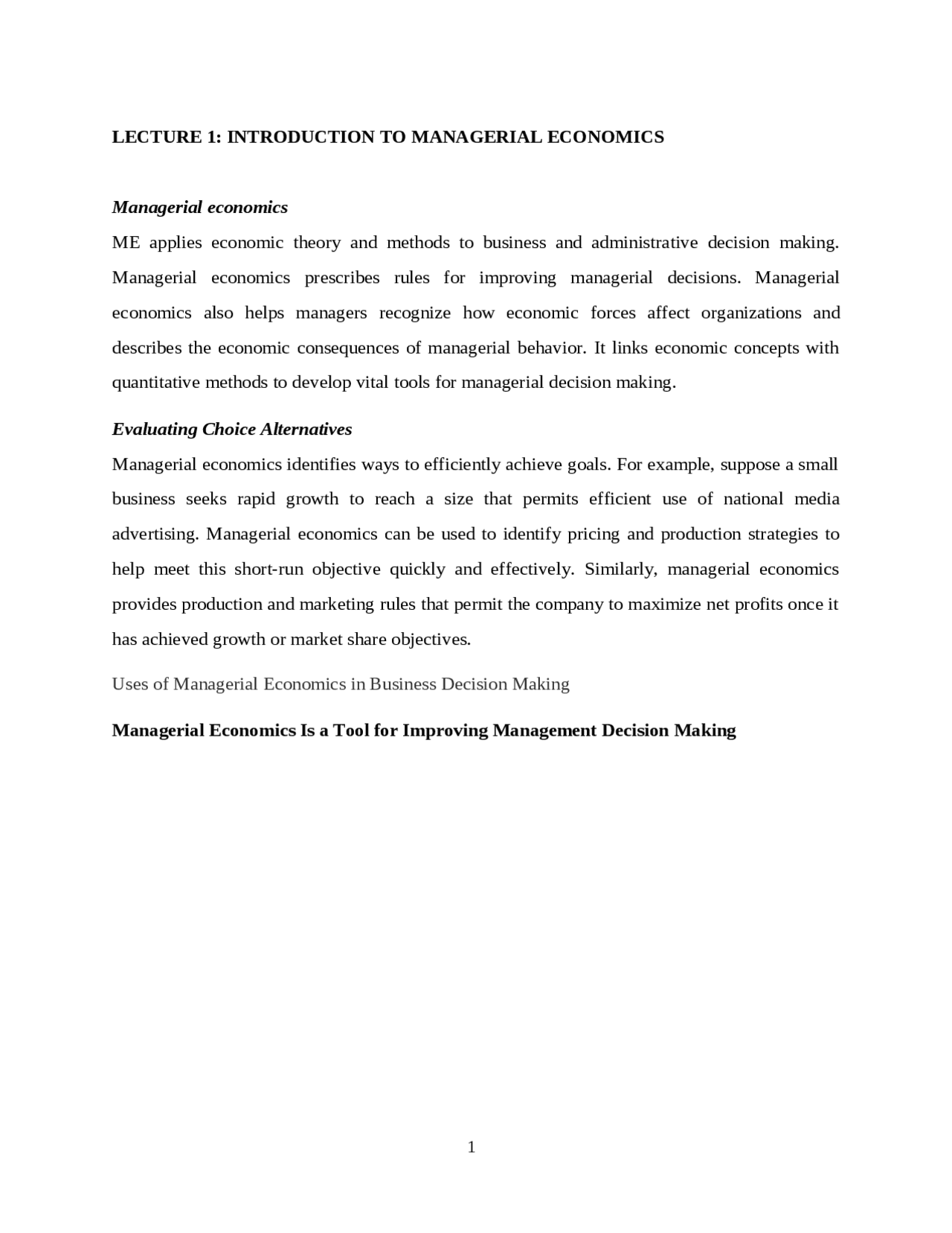 Introduction to managerial economics Exams Economics Docsity