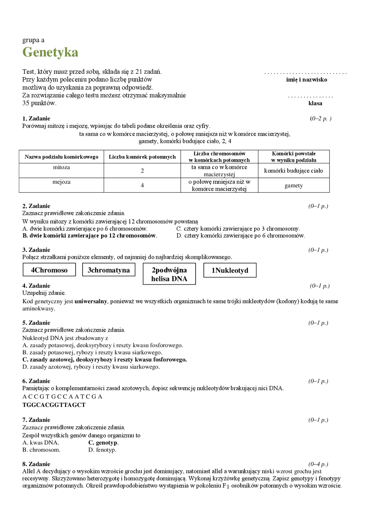 Sprawdzian dzial 1 biologia | Egzamin maturalny Biologia | Docsity