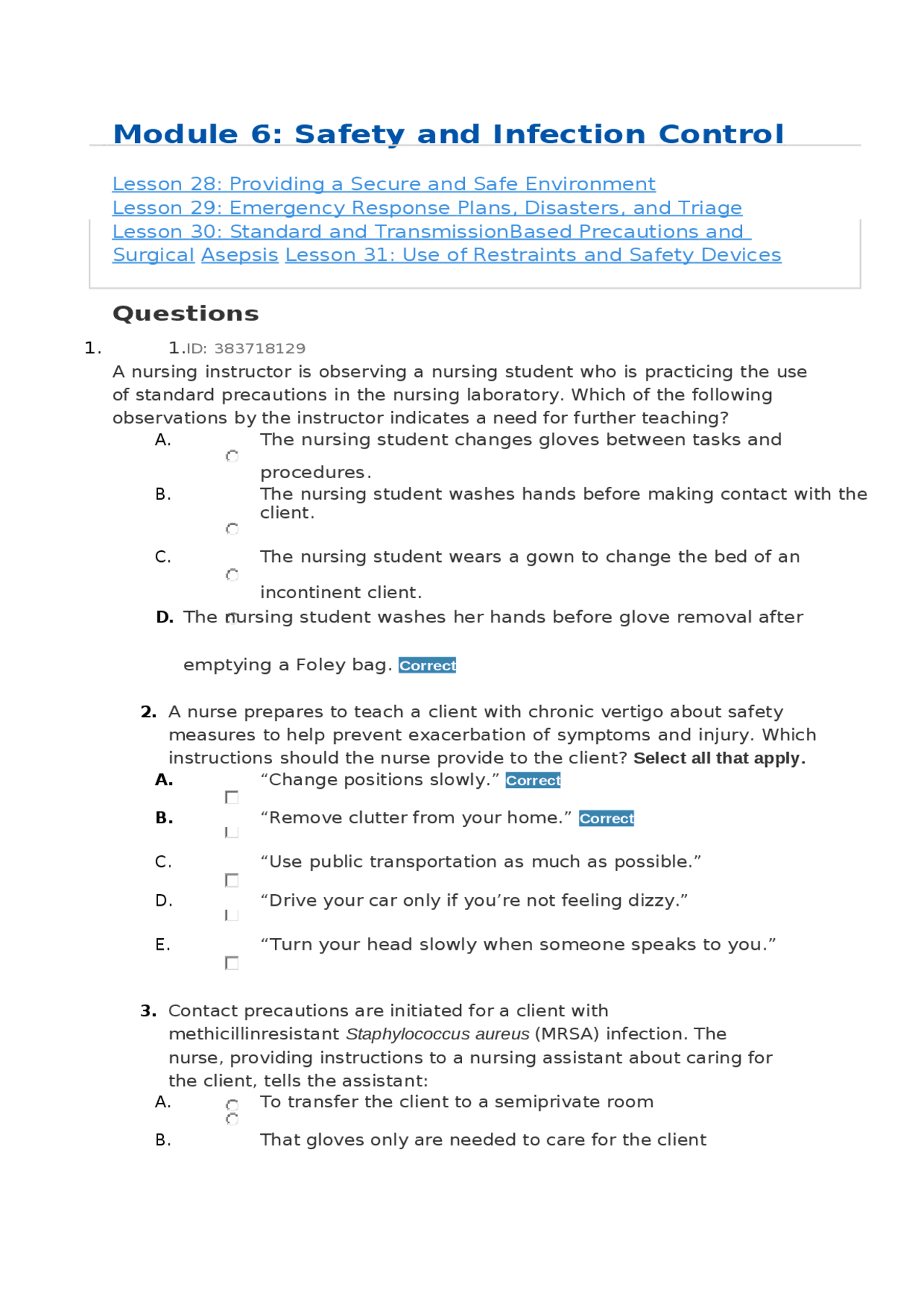 Safety and Infection Control Module 6 Complete solutions Questions and
