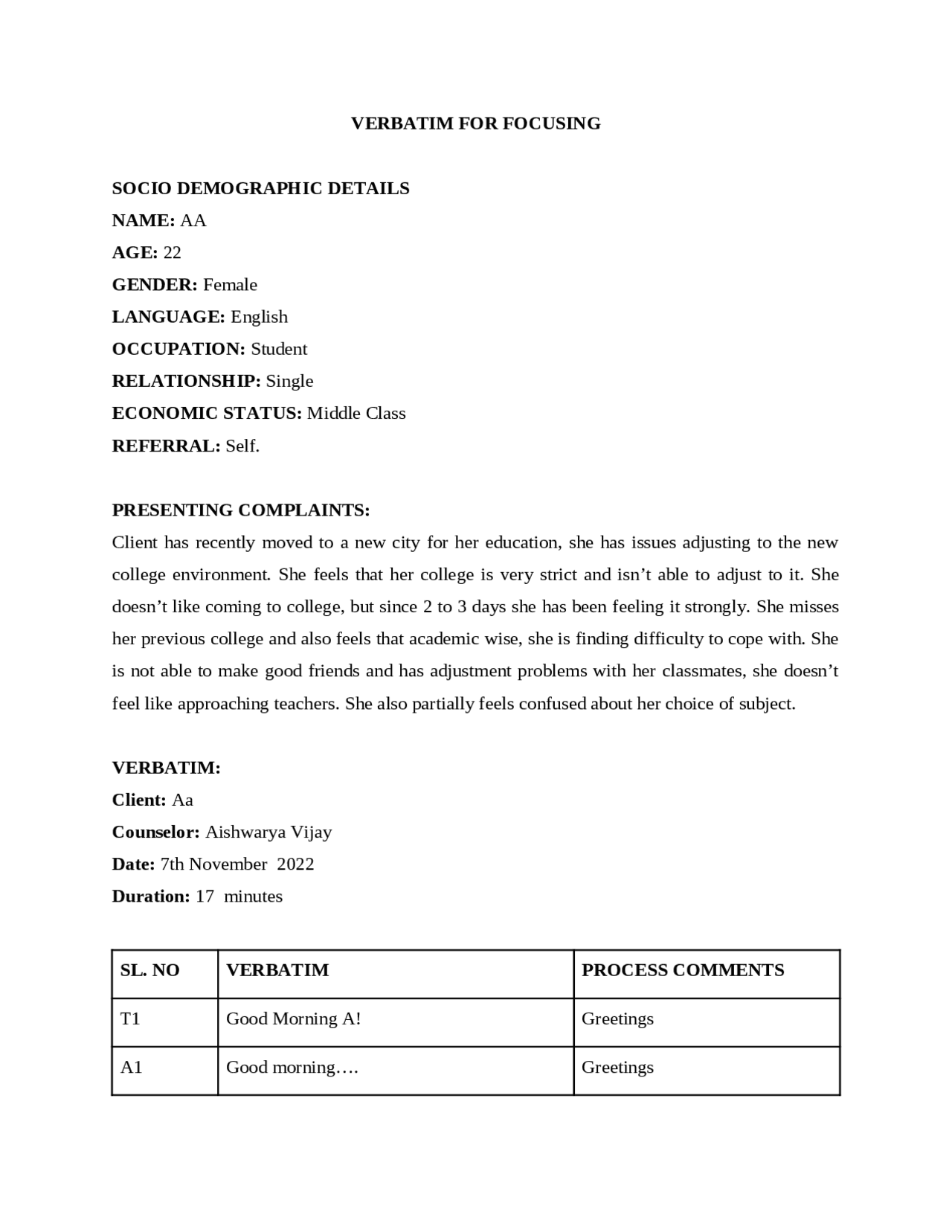 COUNSELLING VERBATIMS | Summaries Psychology | Docsity