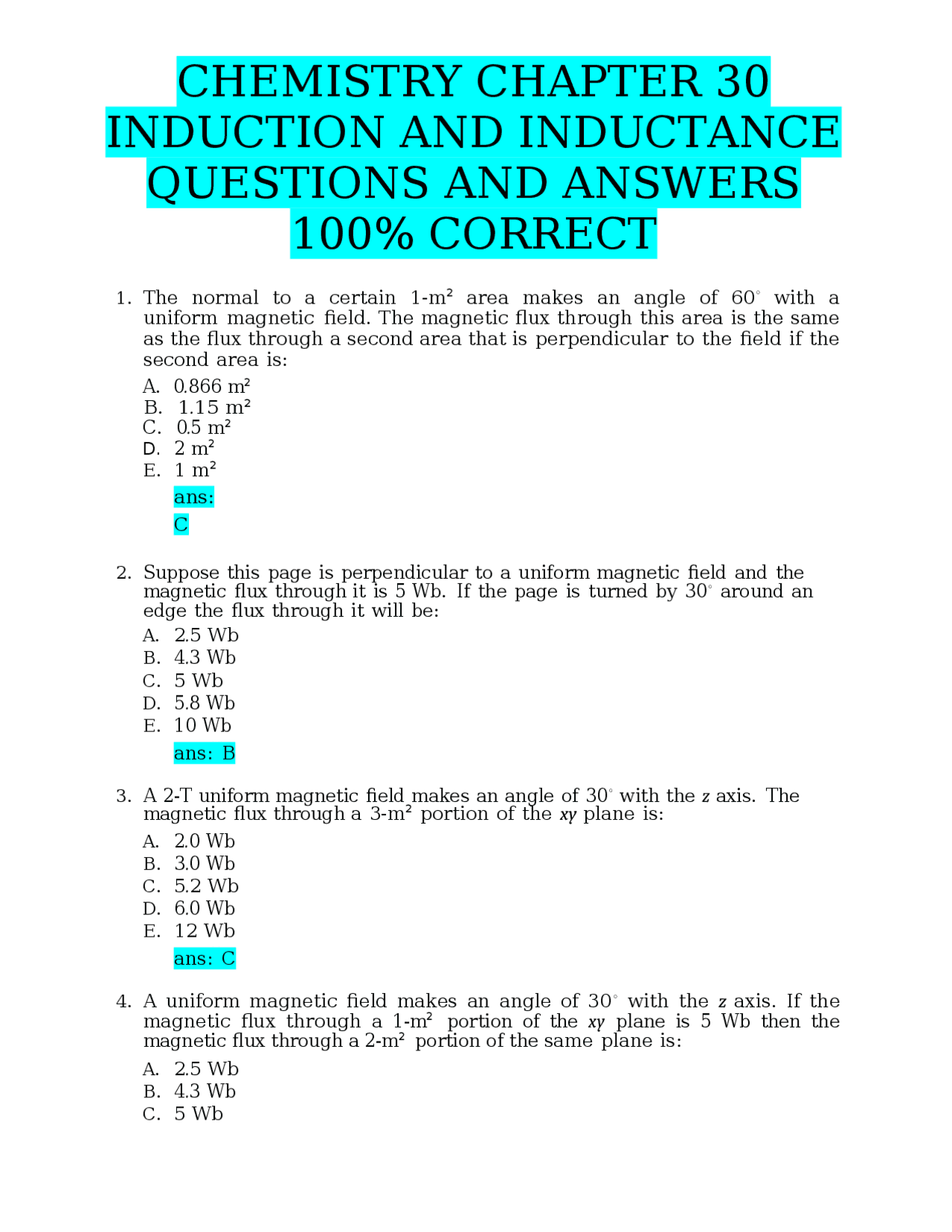 CHEMISTRY CHAPTER 30 INDUCTION AND INDUCTANCE QUESTIONS AND ANSWERS 100 ...