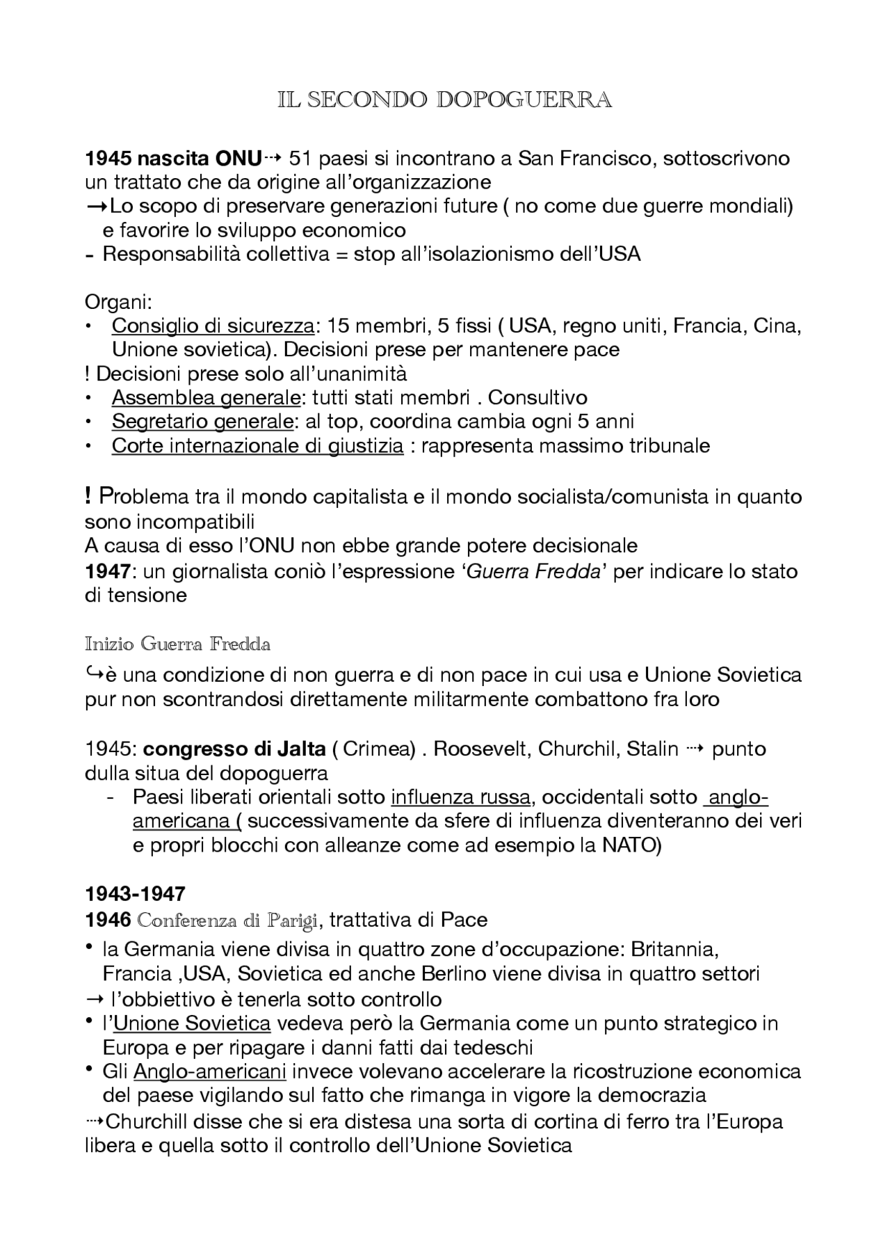 il secondo dopoguerra | Schemi e mappe concettuali di Storia | Docsity